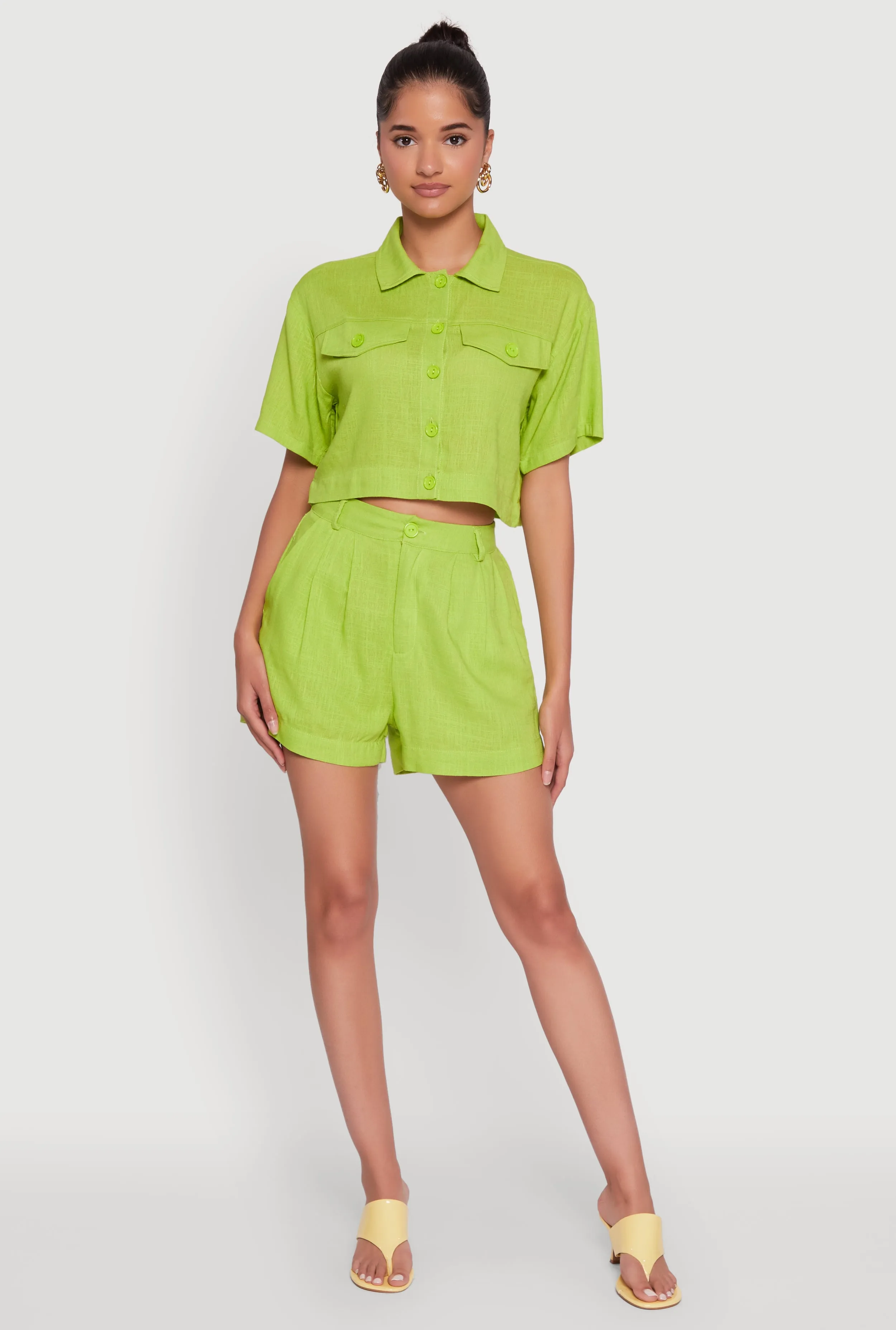 Trendy Linen Flap Detail Button Front Cropped Shirt sold by Rainbow product image thumbnail 2