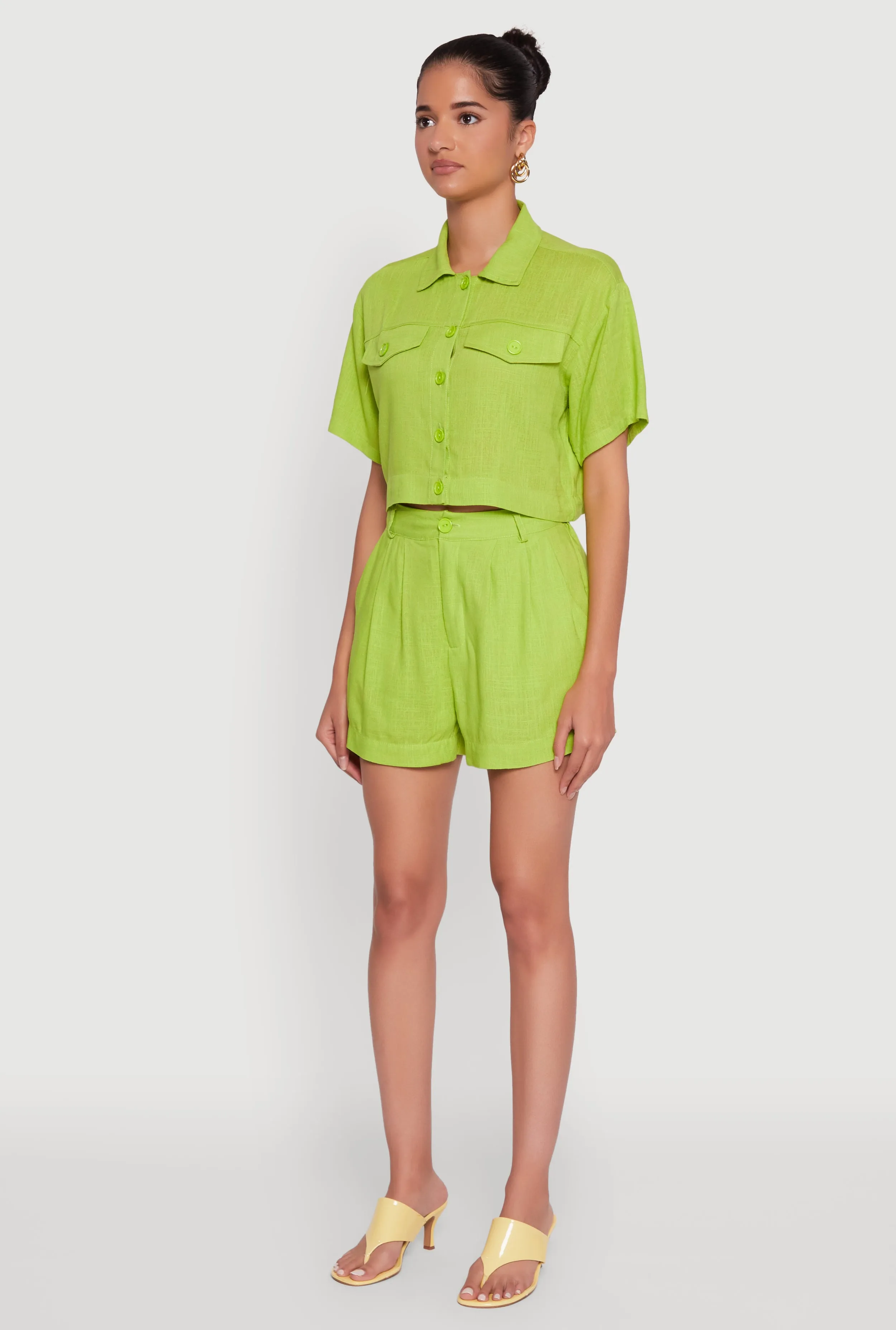 Trendy Linen Flap Detail Button Front Cropped Shirt sold by Rainbow product image thumbnail 5