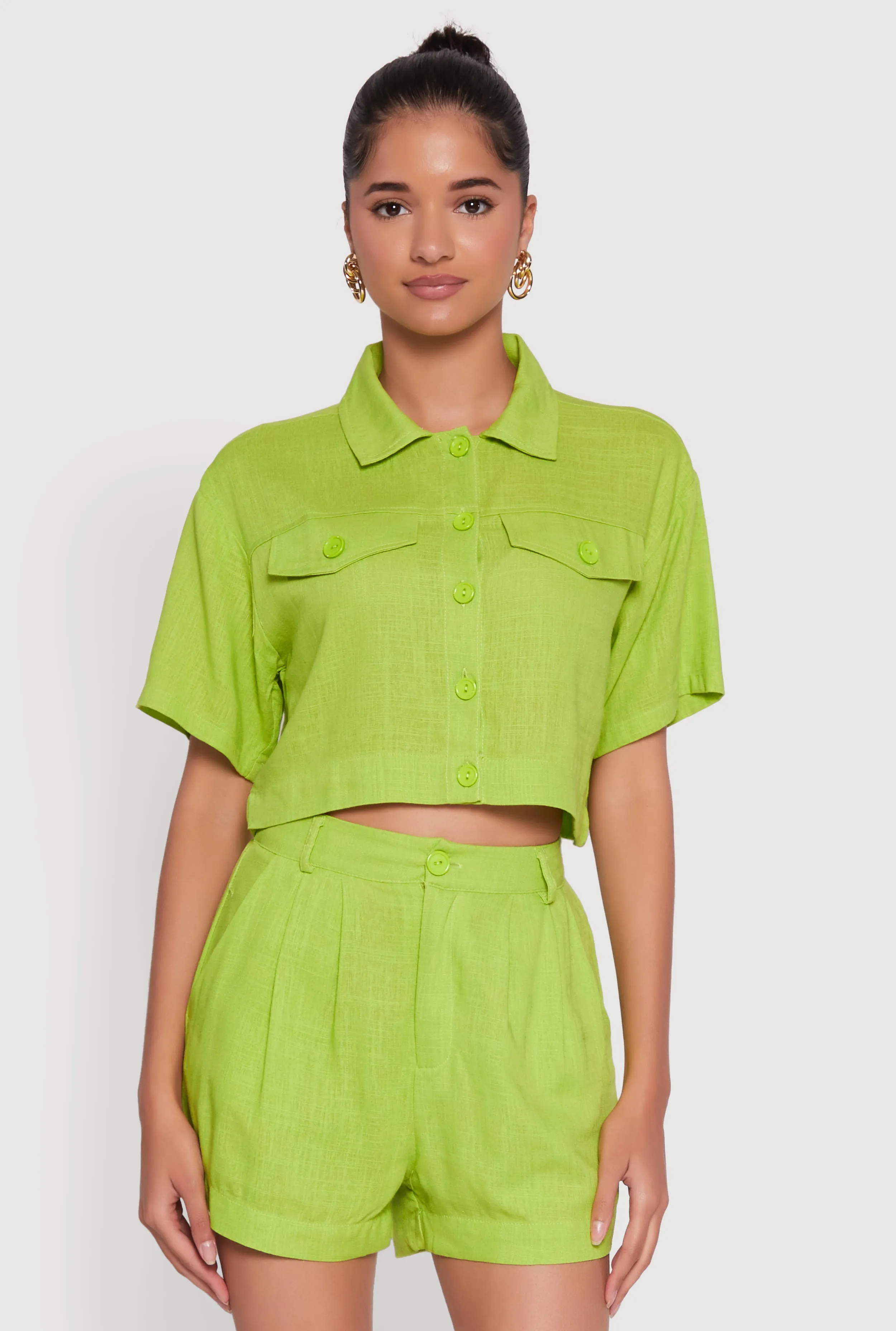 Trendy Linen Flap Detail Button Front Cropped Shirt sold by Rainbow