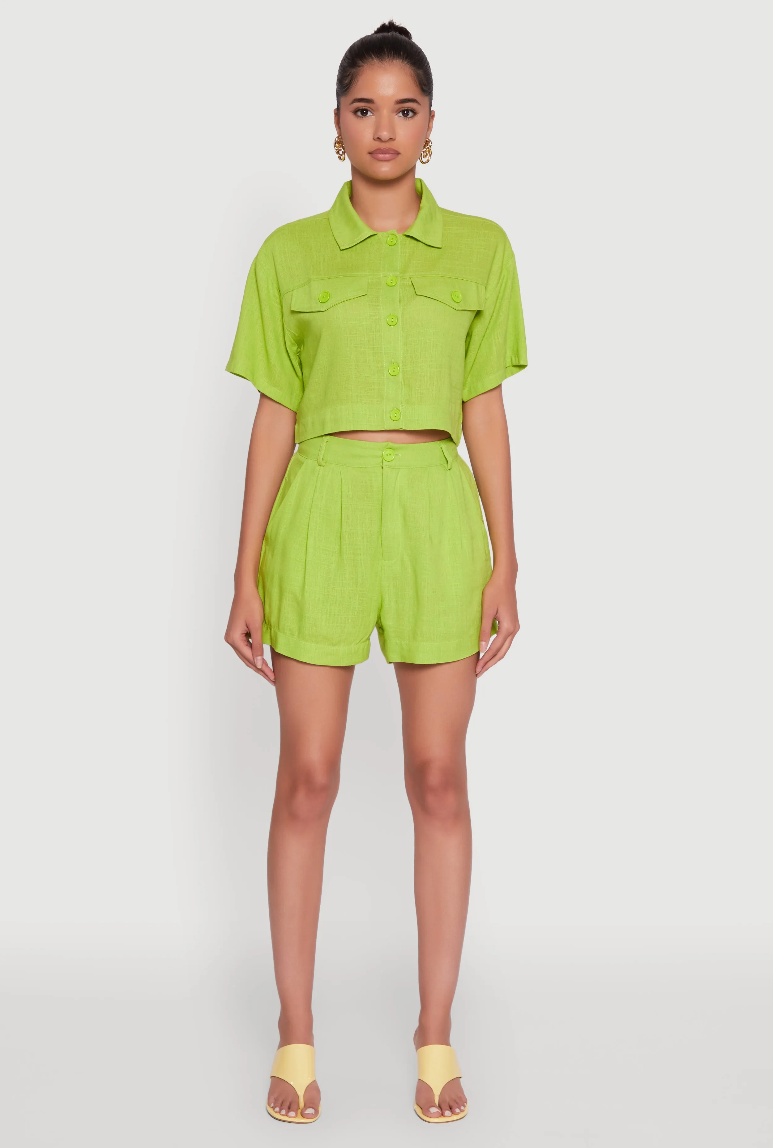 Trendy Linen Flap Detail Button Front Cropped Shirt sold by Rainbow product image thumbnail 3