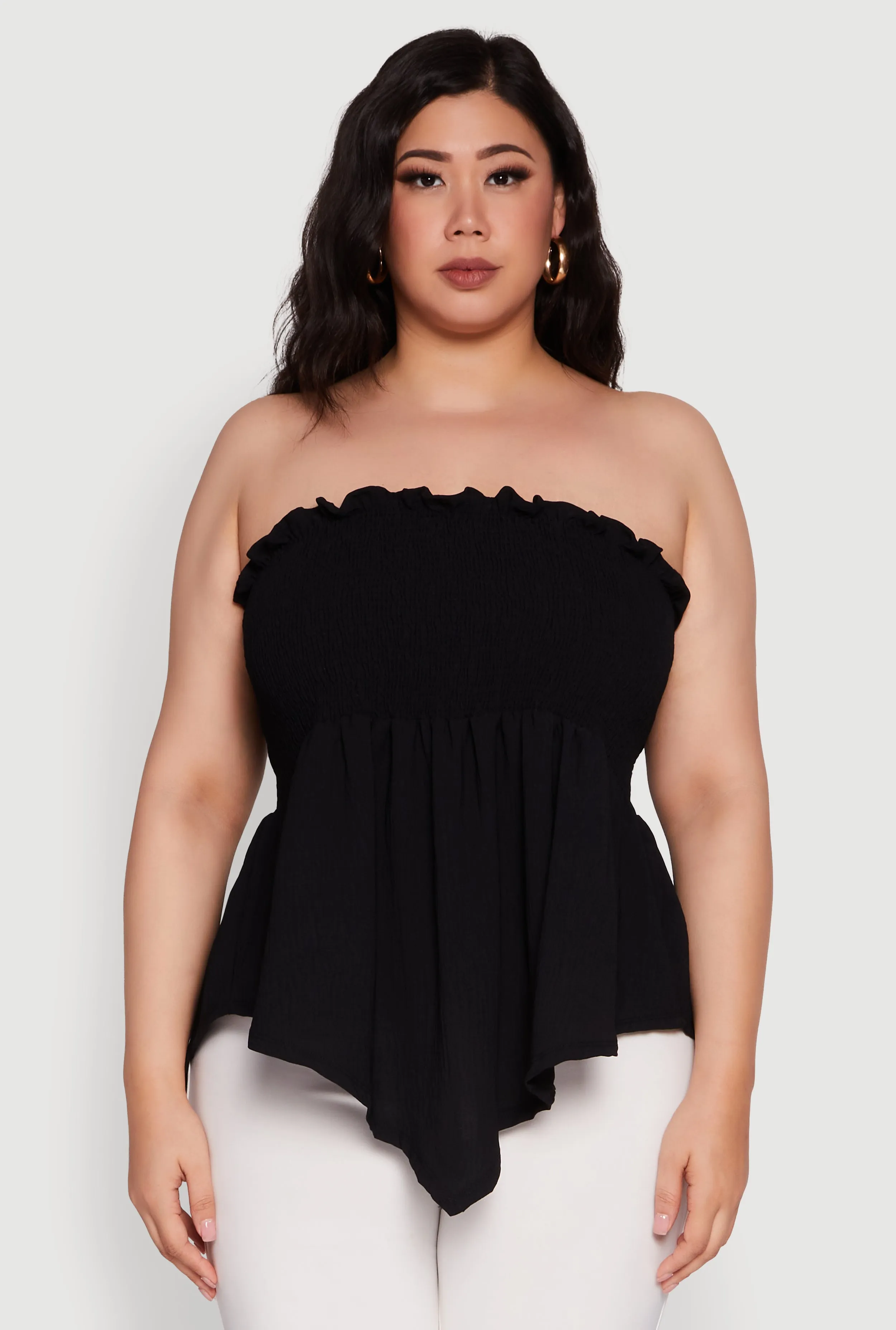 Plus Size Smocked Strapless Peplum Tube Top in Solid Crepe Knit sold by Rainbow product image thumbnail 2