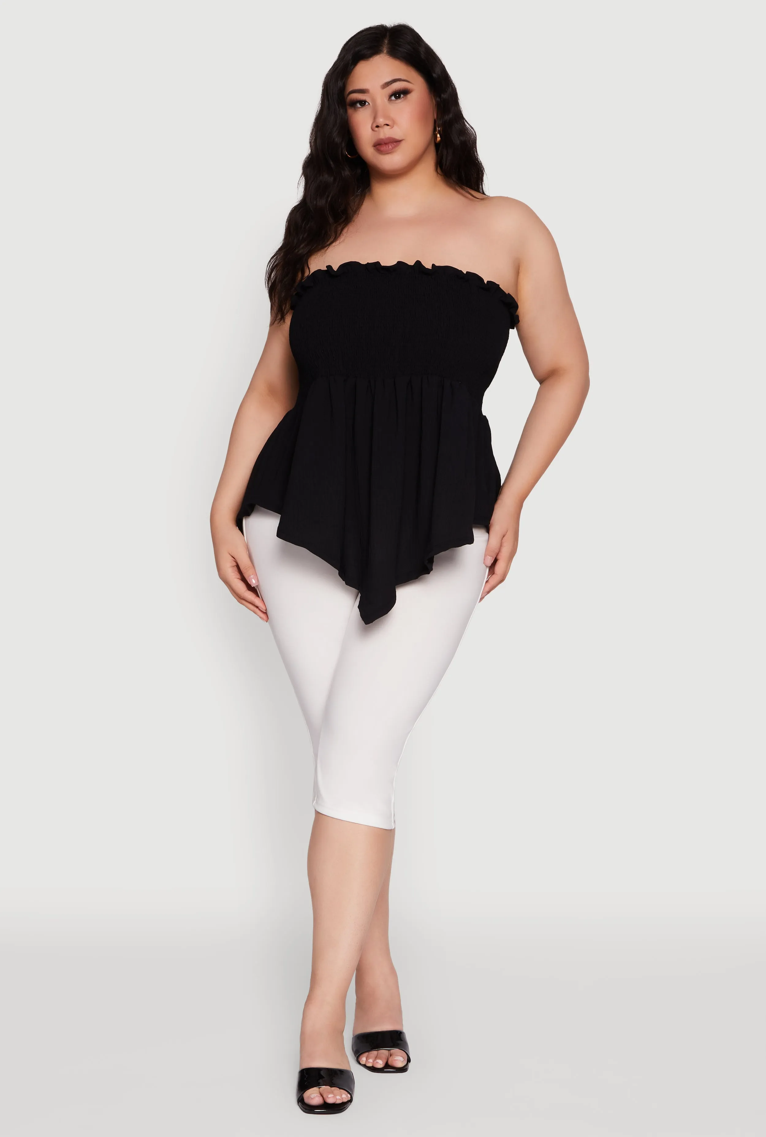 Plus Size Smocked Strapless Peplum Tube Top in Solid Crepe Knit sold by Rainbow