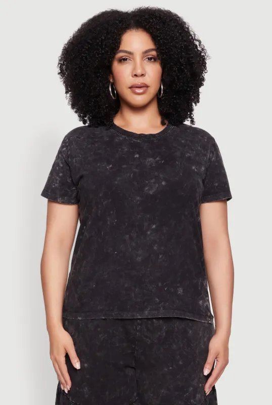 Plus Size Acid Wash Crew Neck Short Sleeve T-Shirt sold by Rainbow
