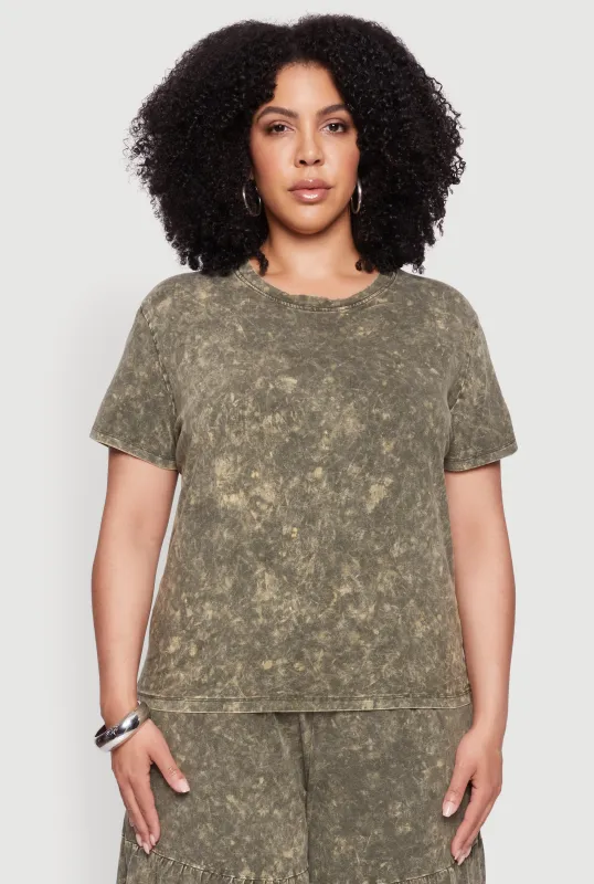 Plus Size Acid Wash Crew Neck Short Sleeve T-Shirt sold by Rainbow