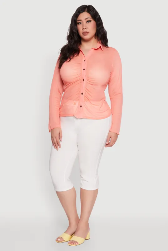 Plus Size Sheer Long Sleeve Shirt with Ruching sold by Rainbow