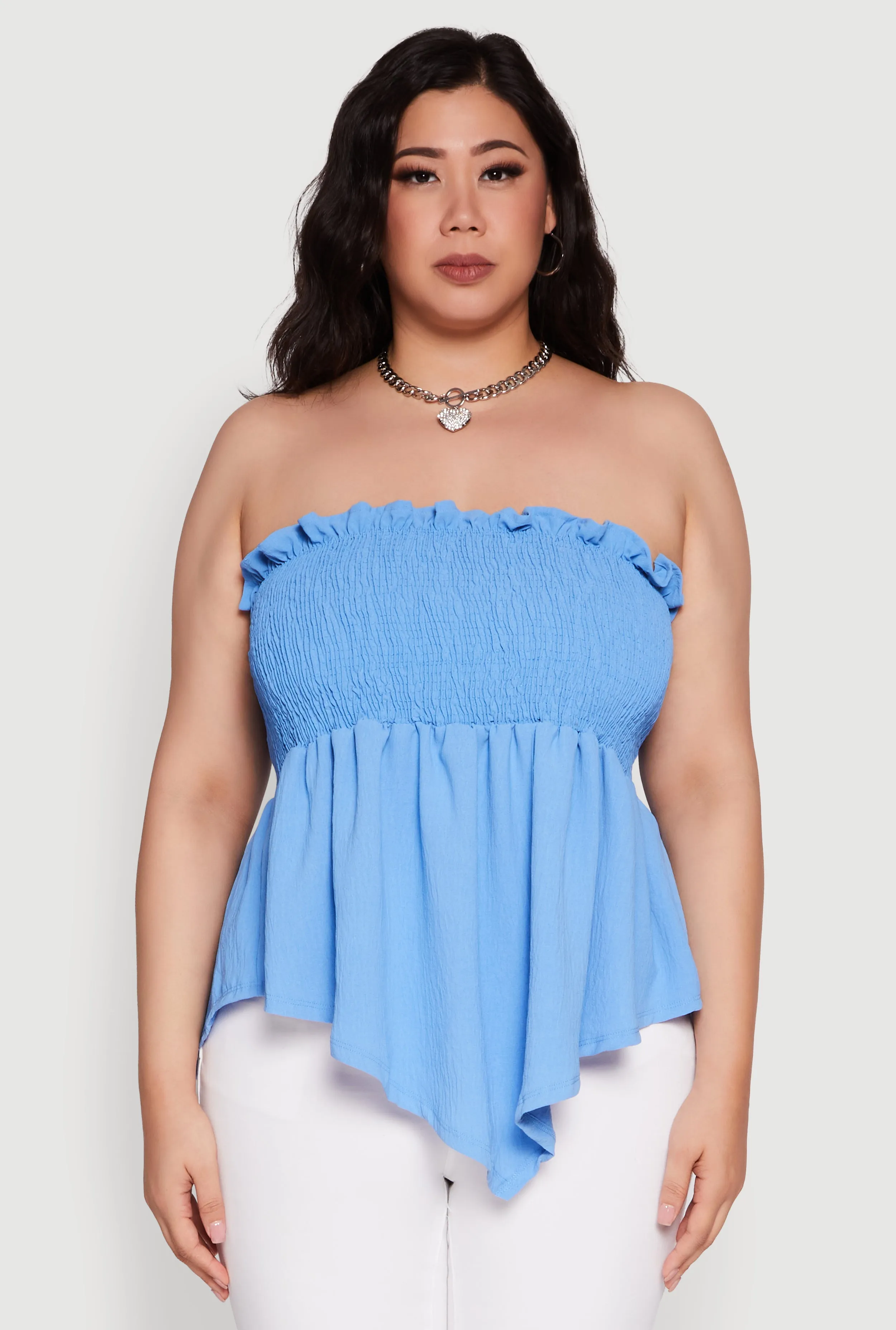 Plus Size Smocked Strapless Peplum Tube Top in Solid Crepe Knit sold by Rainbow product image thumbnail 2