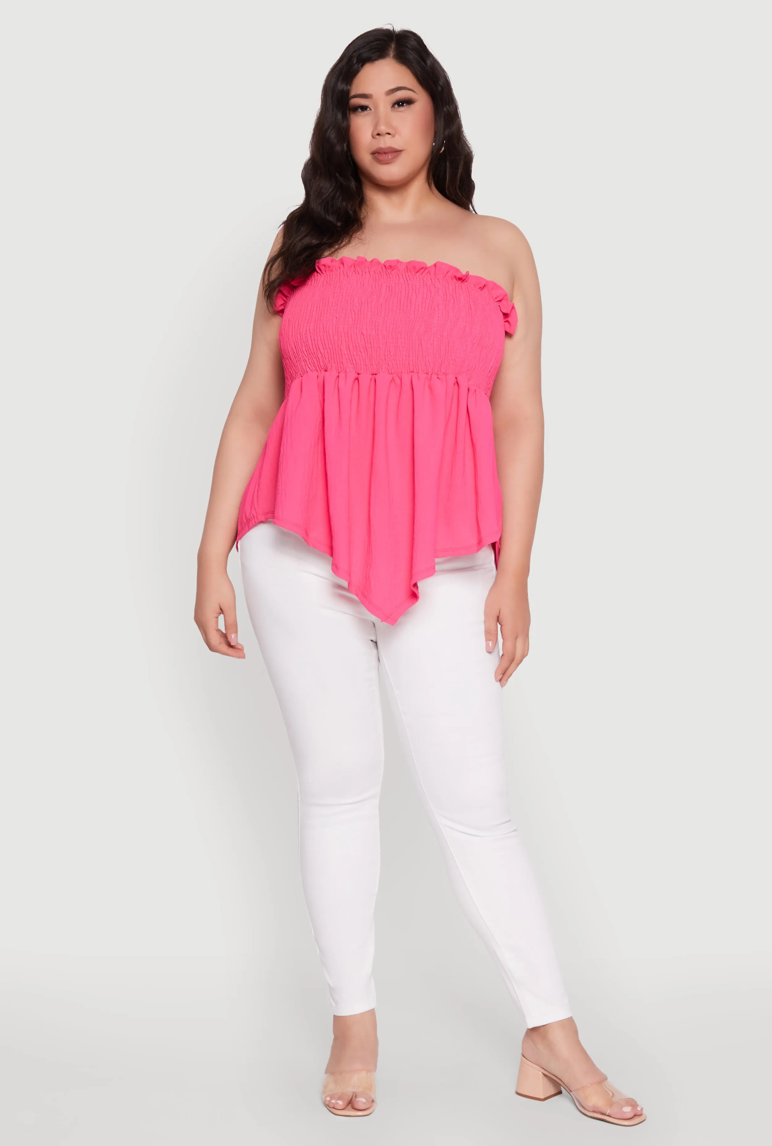 Plus Size Smocked Strapless Peplum Tube Top in Solid Crepe Knit sold by Rainbow