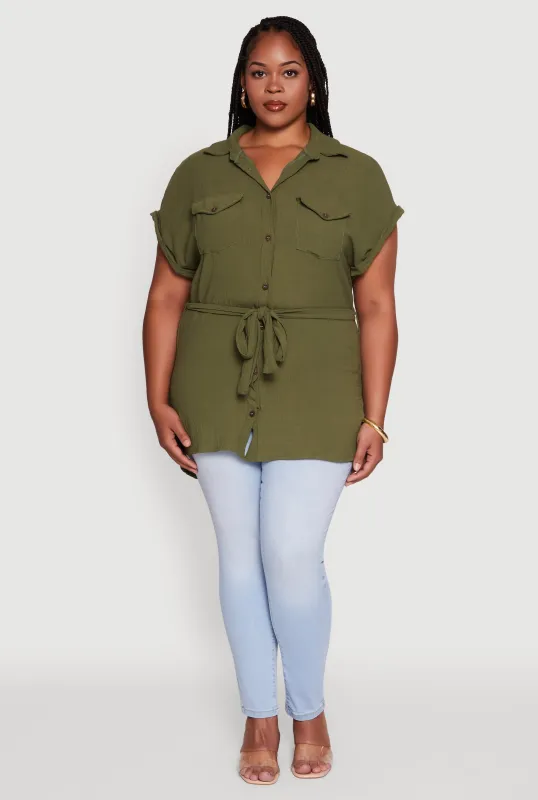 Plus Size Classic Fit Crepe Knit Tie Waist Tunic Shirt sold by Rainbow