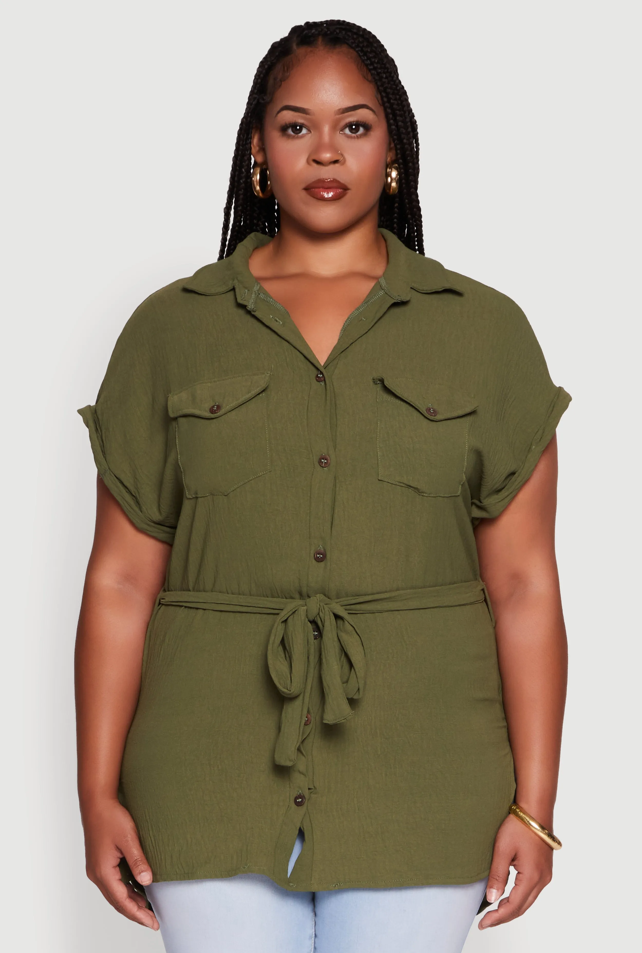 Plus Size Classic Fit Crepe Knit Tie Waist Tunic Shirt sold by Rainbow product image thumbnail 2