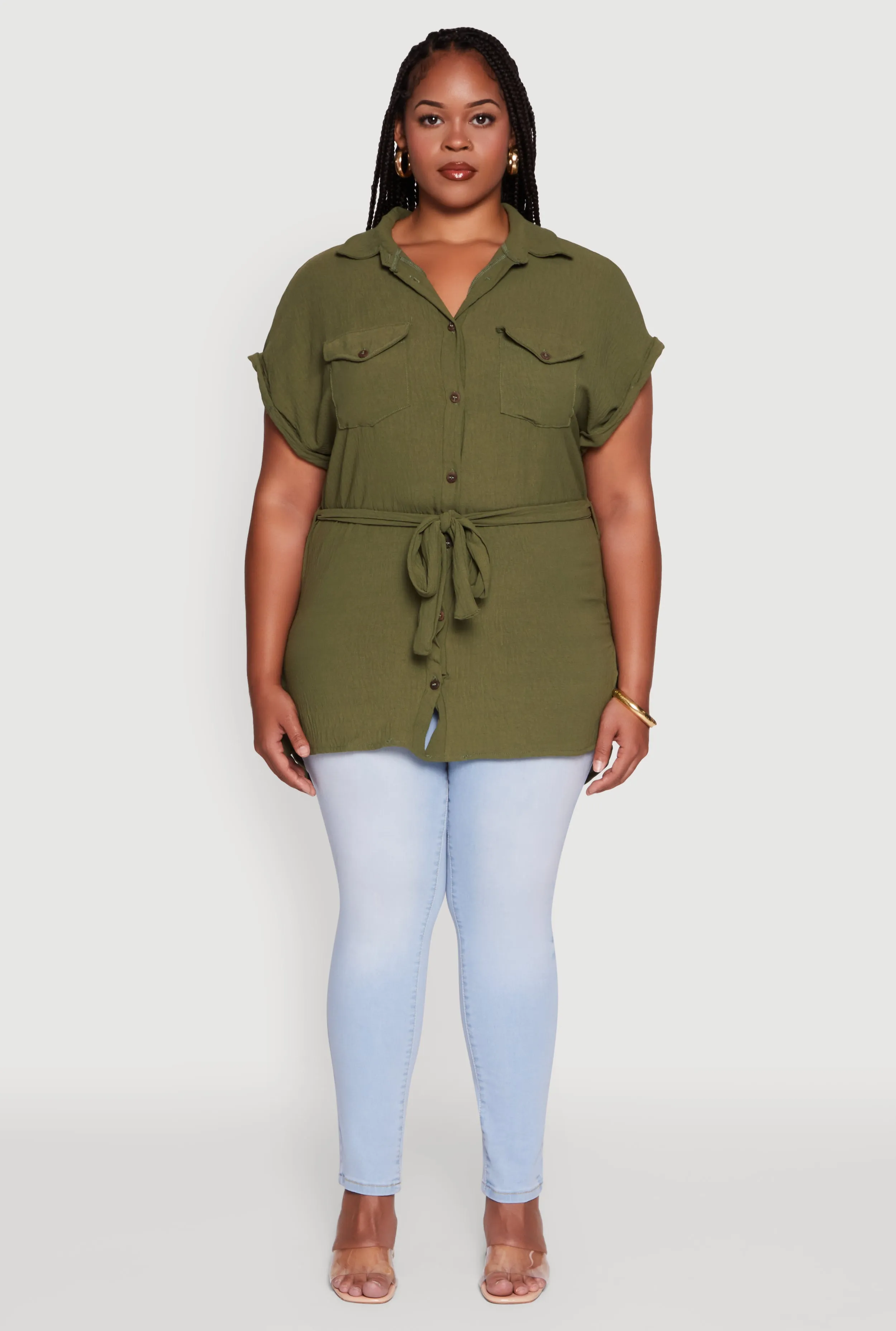 Plus Size Classic Fit Crepe Knit Tie Waist Tunic Shirt sold by Rainbow product image thumbnail 3