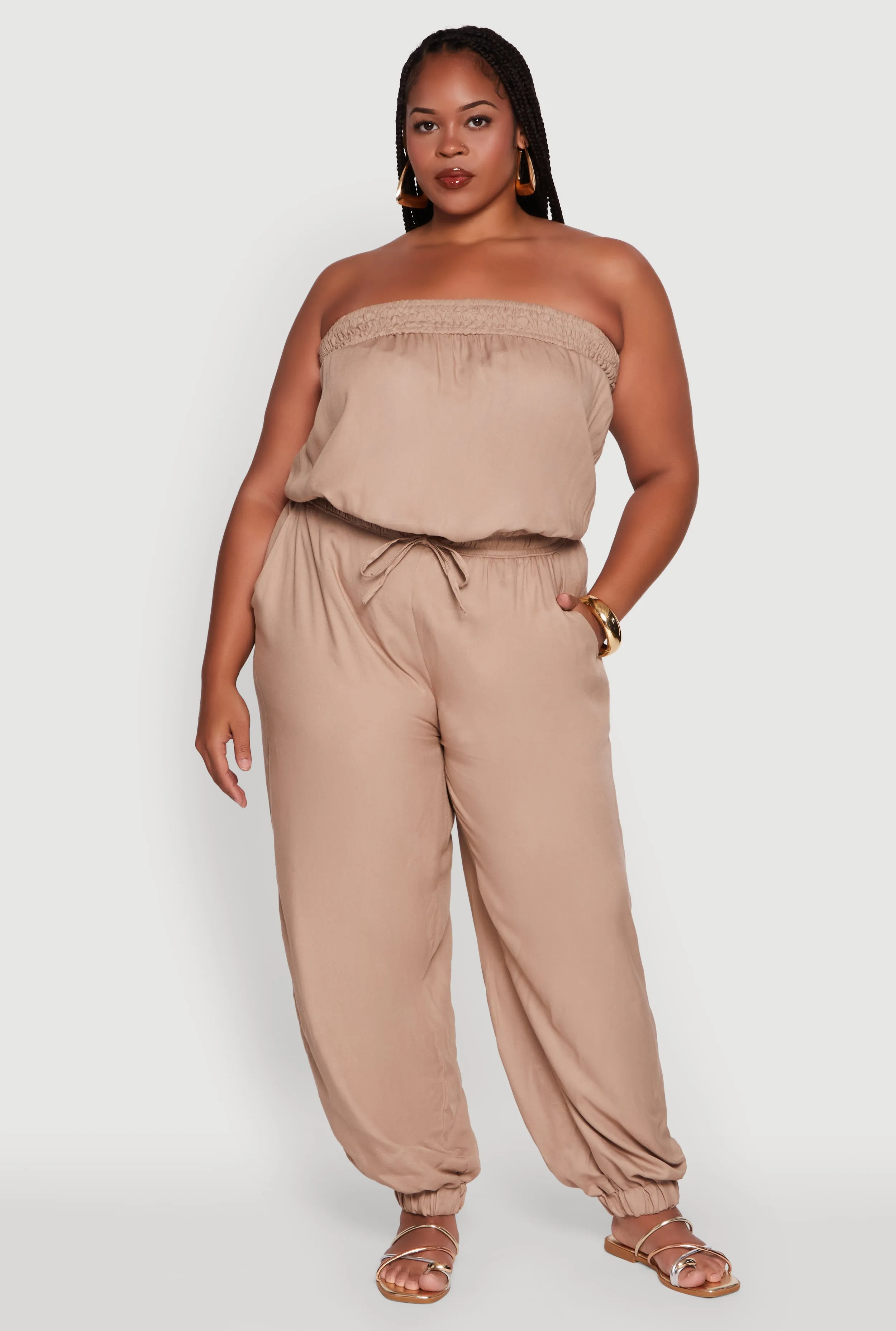 Plus Size Strapless Tube Jumpsuit with Tie Waist sold by Rainbow