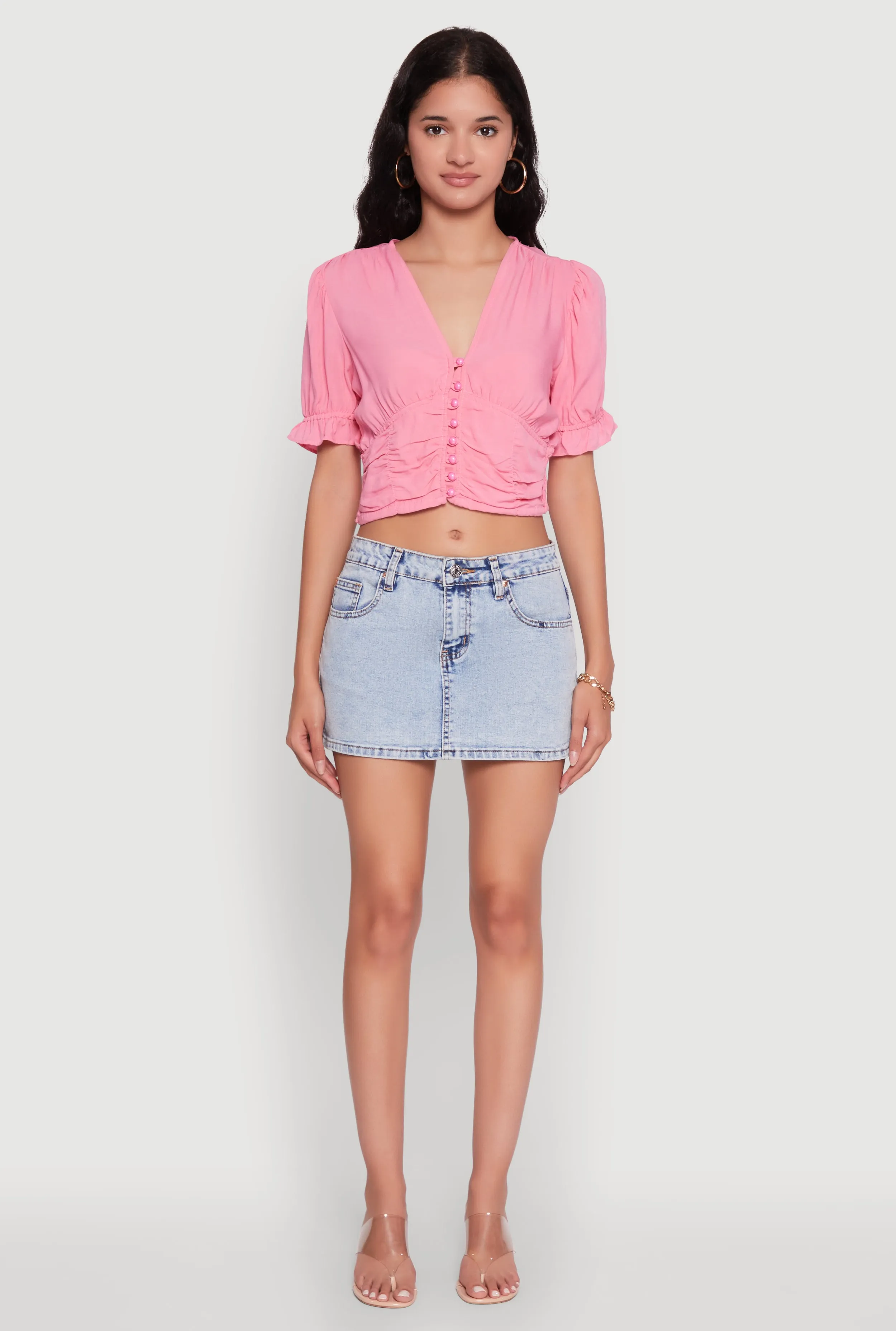 Trendy Puff Sleeve Button Front Peasant Crop Top sold by Rainbow product image thumbnail 3