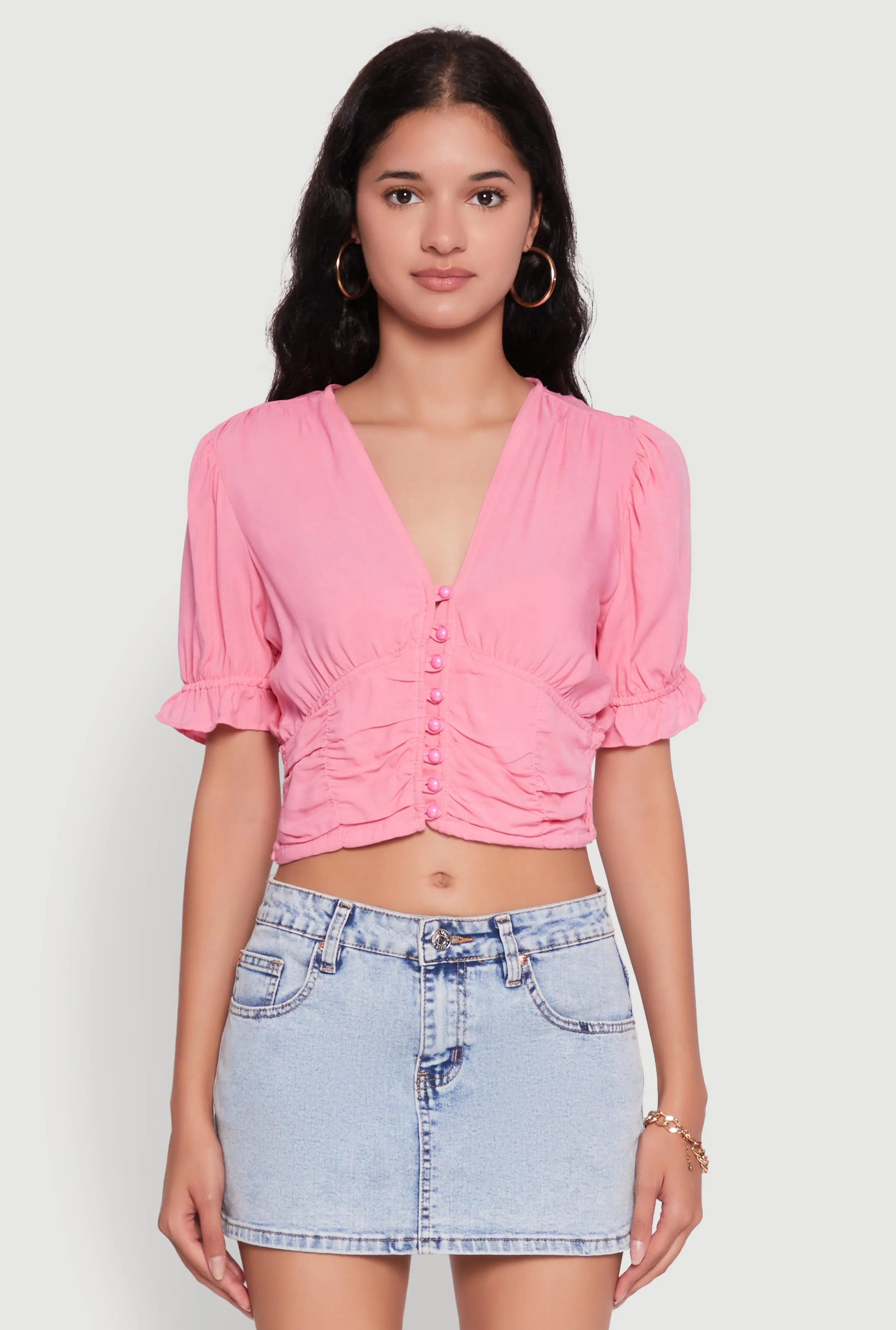 Trendy Puff Sleeve Button Front Peasant Crop Top sold by Rainbow product image thumbnail 2