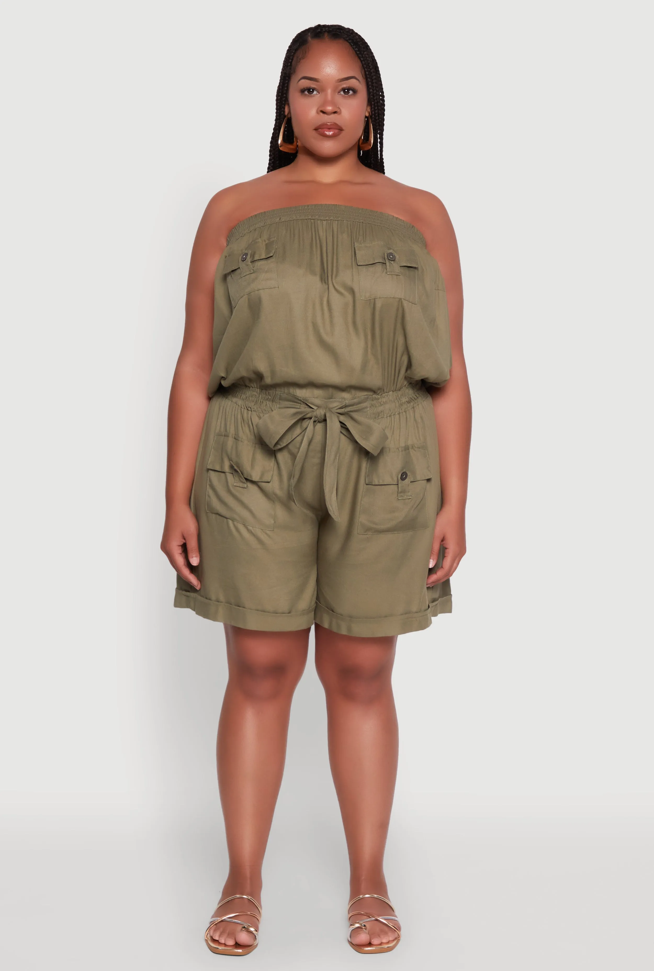 Plus Size Strapless Cargo Pocket Romper sold by Rainbow