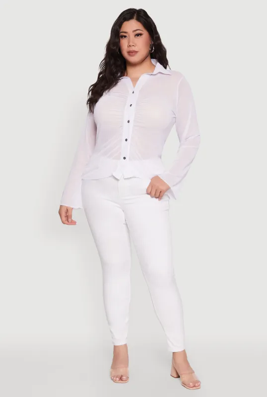 Plus Size Sheer Long Sleeve Shirt with Ruching sold by Rainbow
