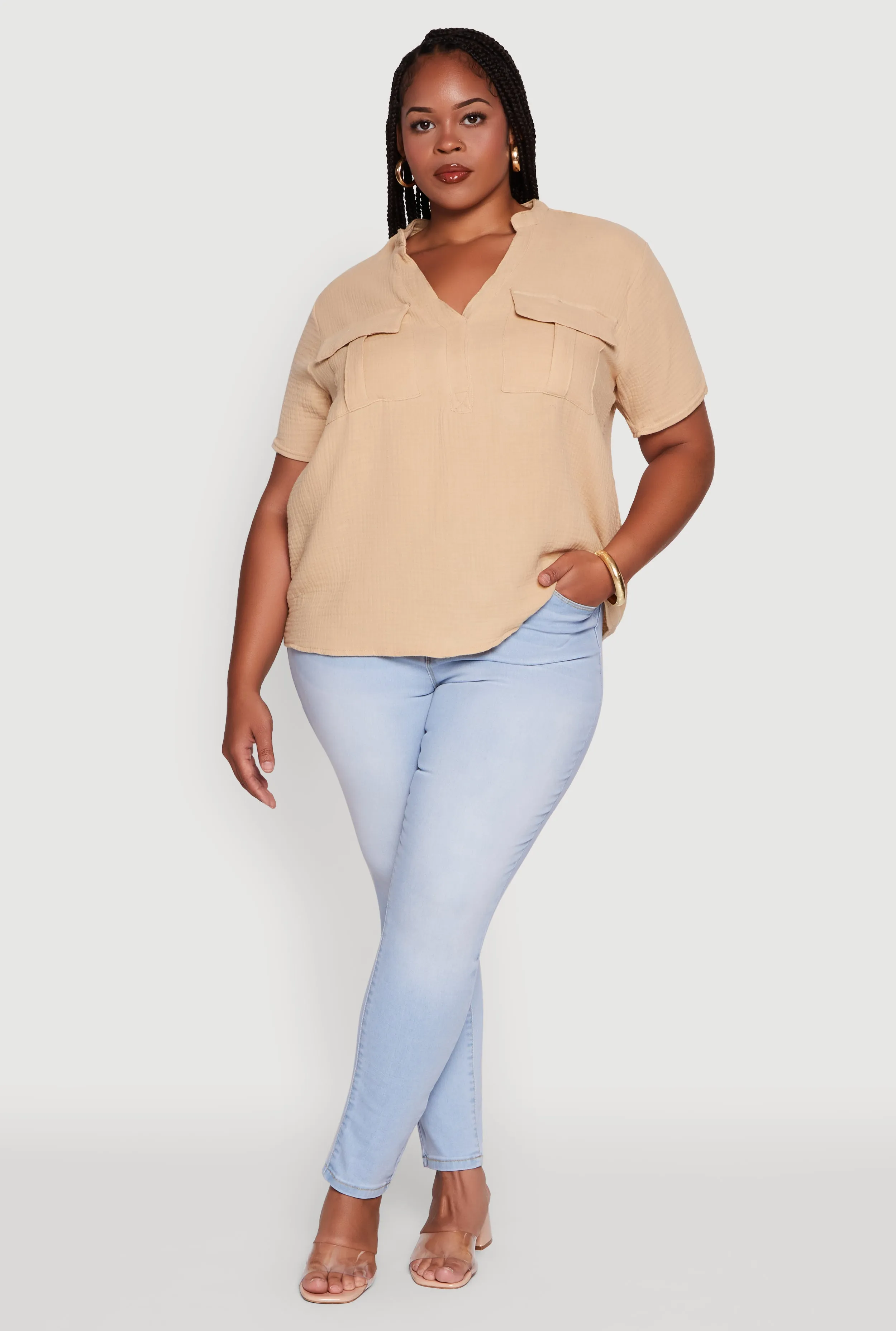 Plus Size Gauze Knit Cargo Pocket Blouse sold by Rainbow