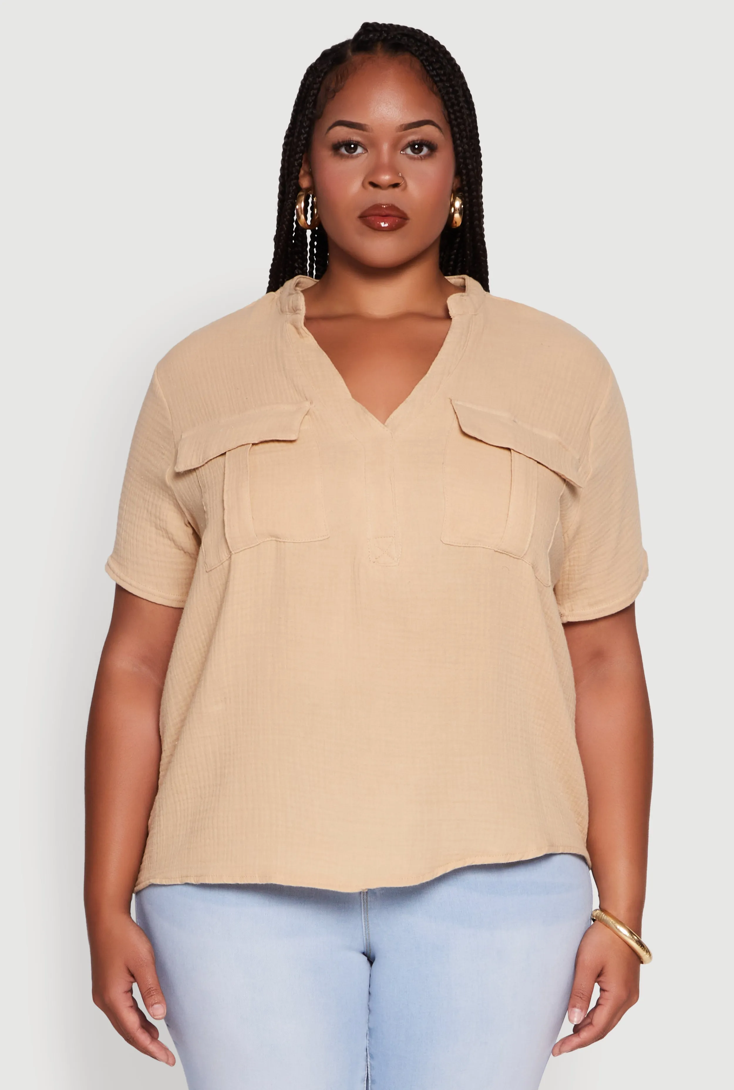 Plus Size Gauze Knit Cargo Pocket Blouse sold by Rainbow product image thumbnail 2