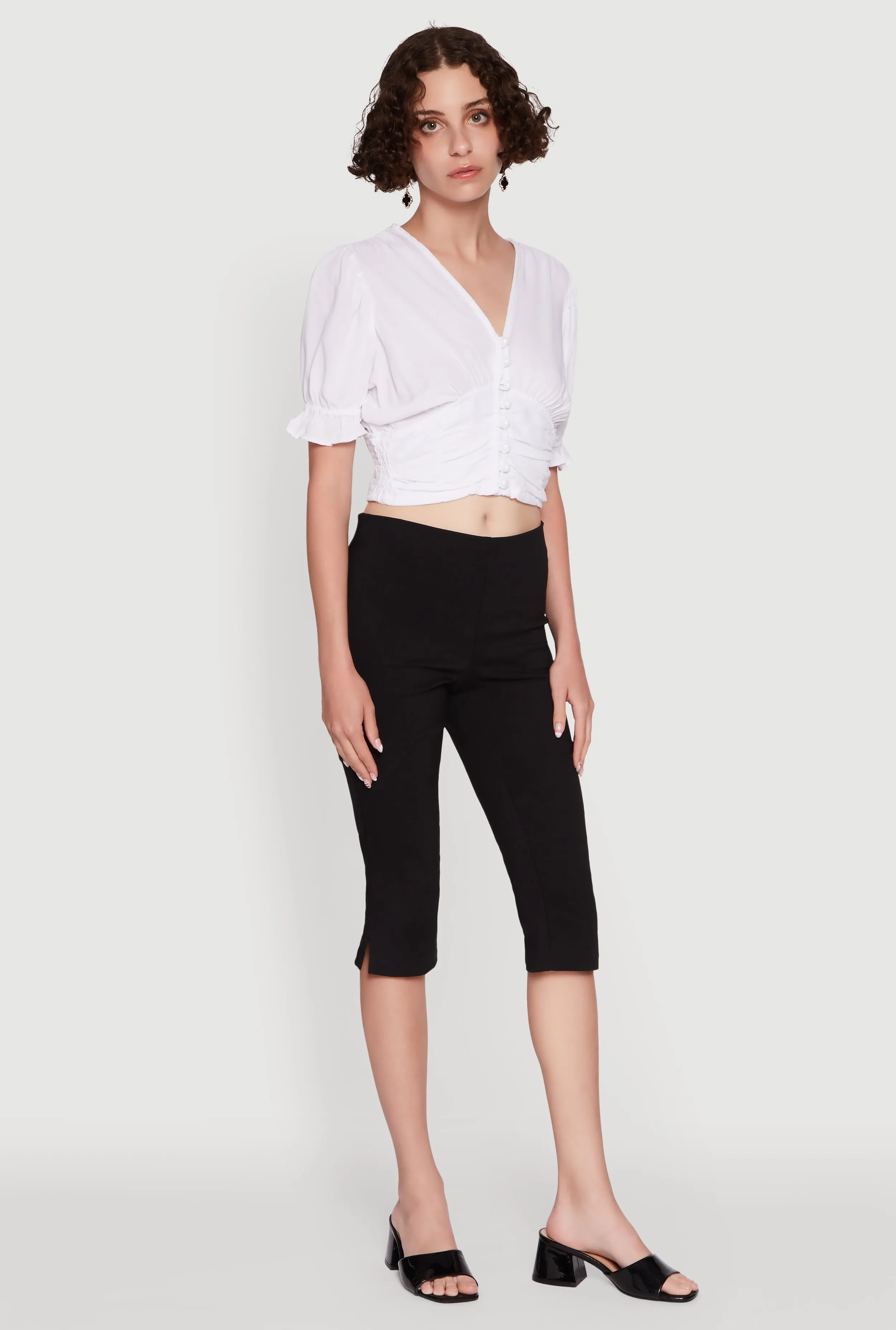 Trendy Puff Sleeve Button Front Peasant Crop Top sold by Rainbow