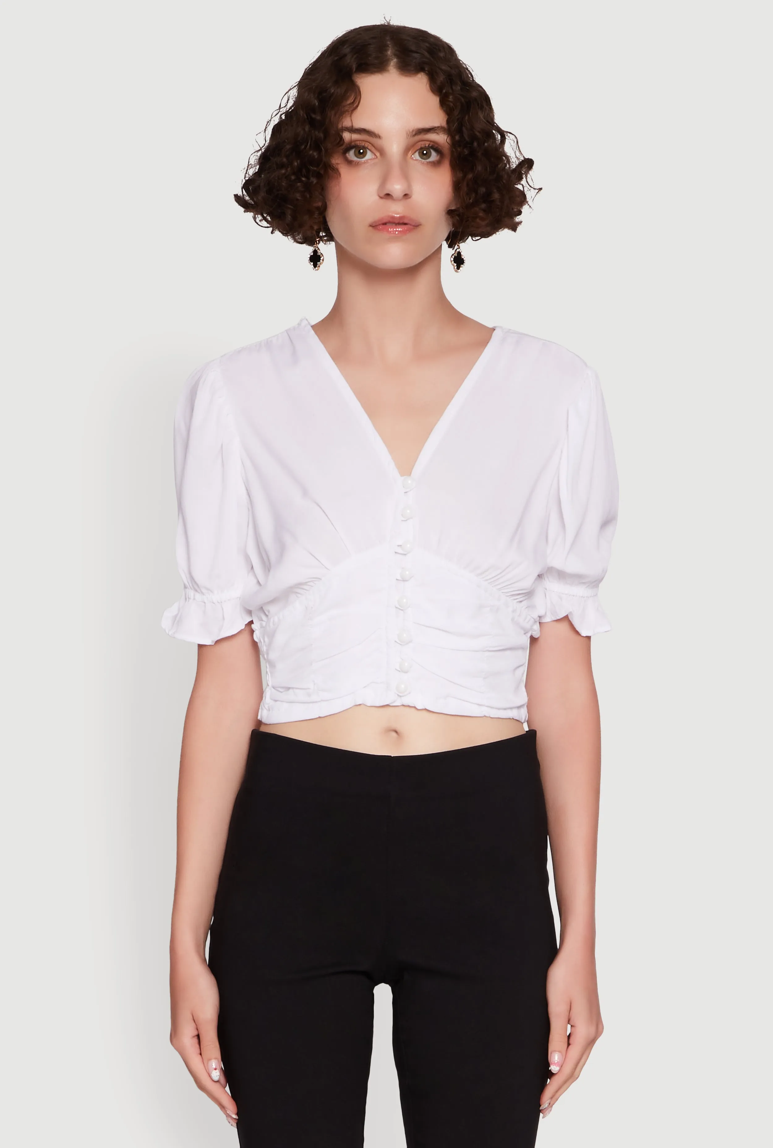 Trendy Puff Sleeve Button Front Peasant Crop Top sold by Rainbow product image thumbnail 2