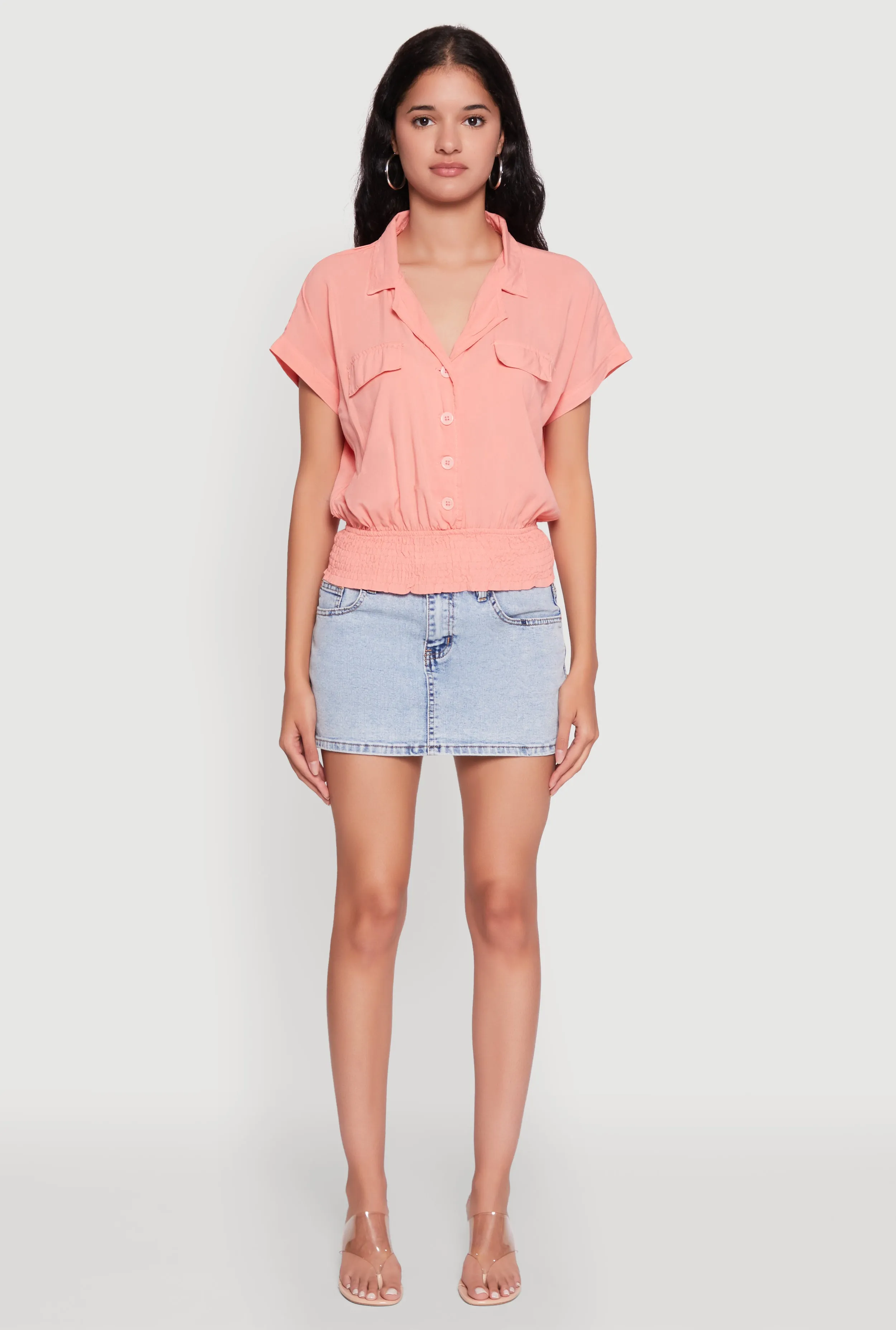 Trendy Button Front Smocked Waist Blouse sold by Rainbow product image thumbnail 3