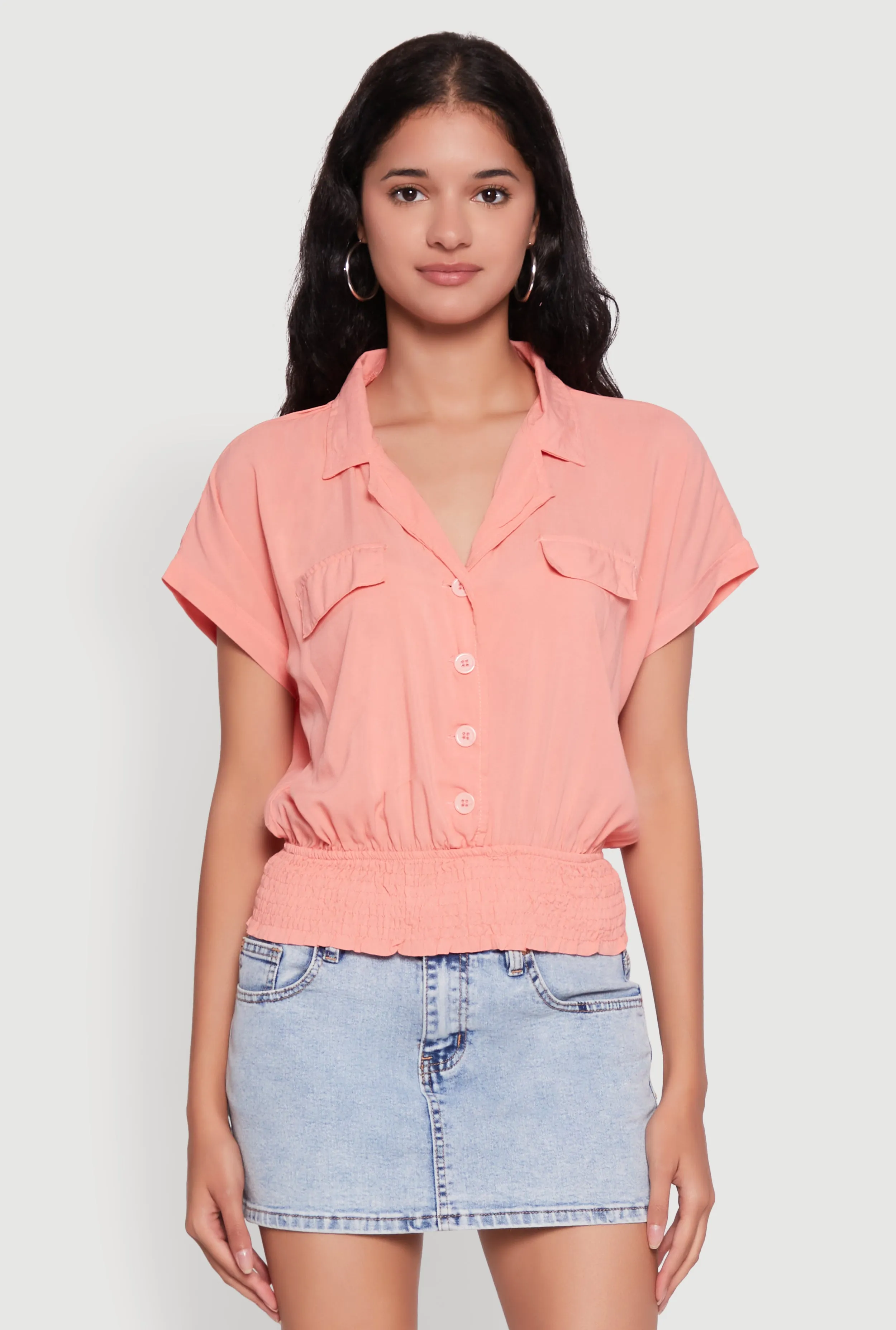 Trendy Button Front Smocked Waist Blouse sold by Rainbow product image thumbnail 2