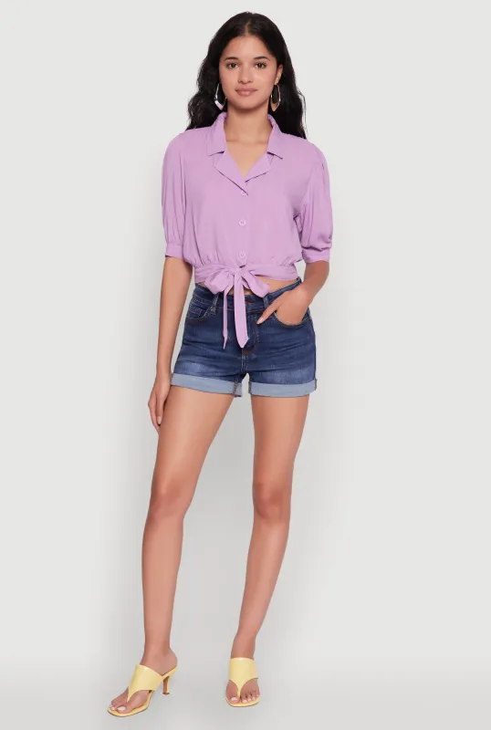 Tie Front Bubble Sleeve Cropped Blouse sold by Rainbow