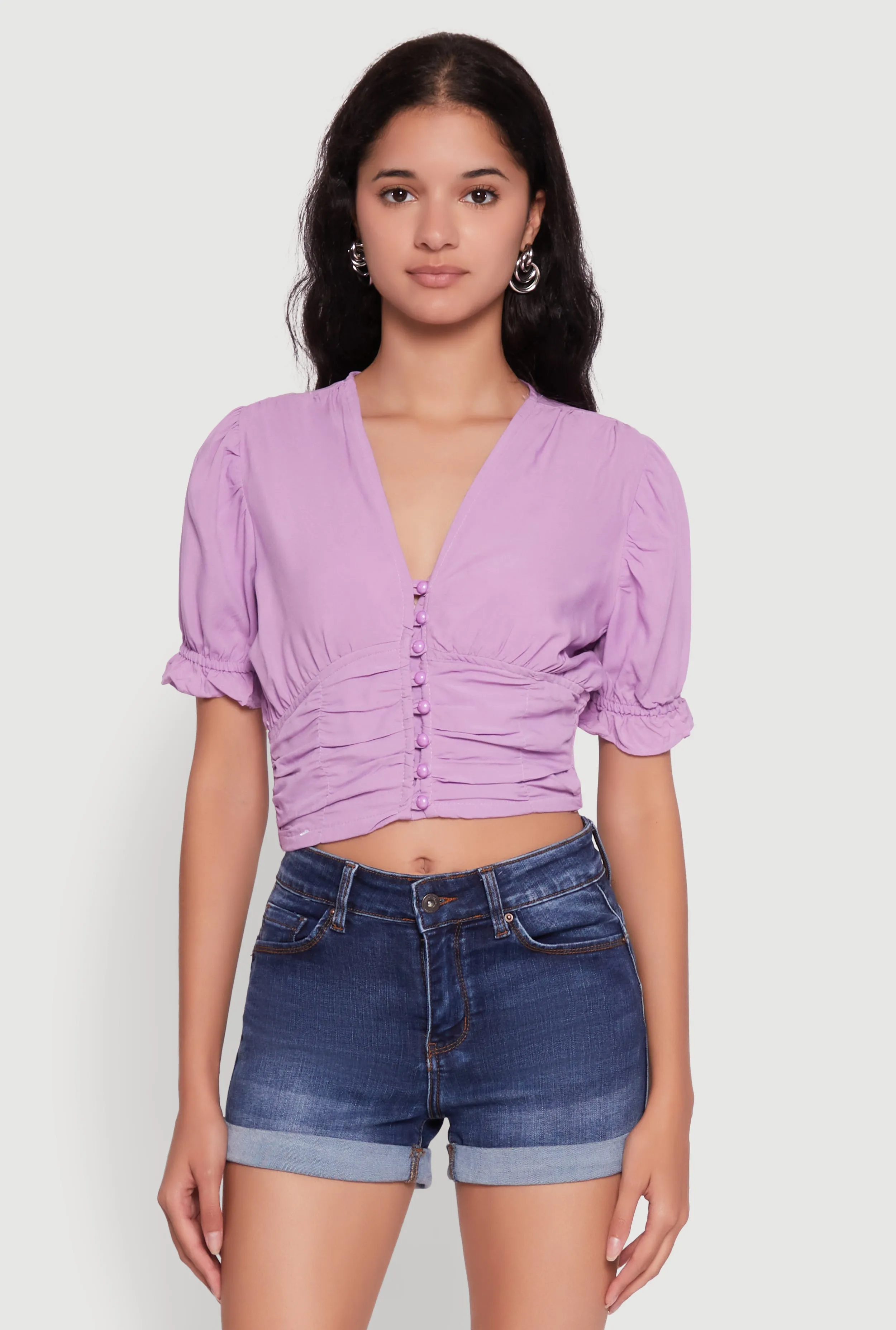 Trendy Puff Sleeve Button Front Peasant Crop Top sold by Rainbow product image thumbnail 2