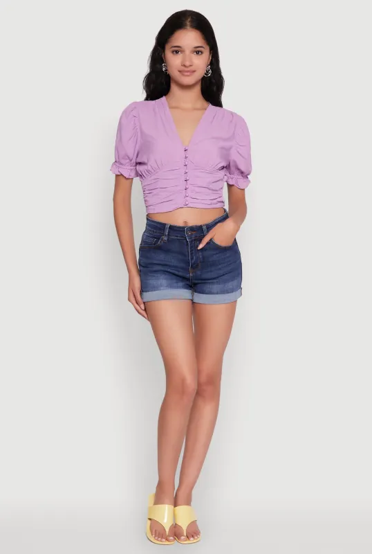 Trendy Puff Sleeve Button Front Peasant Crop Top sold by Rainbow