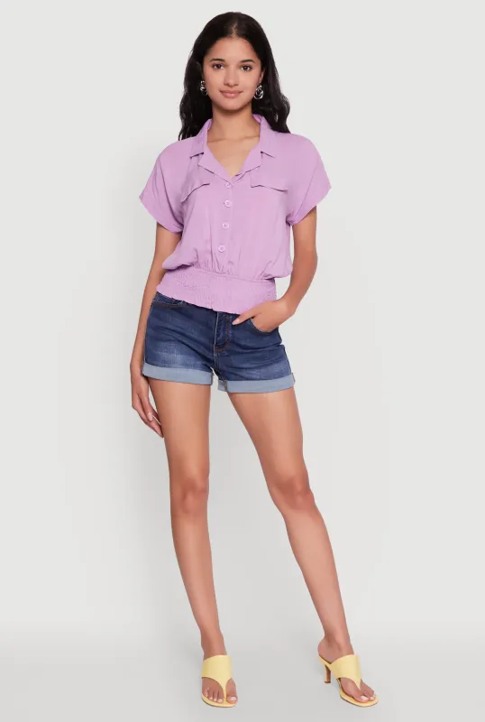 Trendy Button Front Smocked Waist Blouse sold by Rainbow