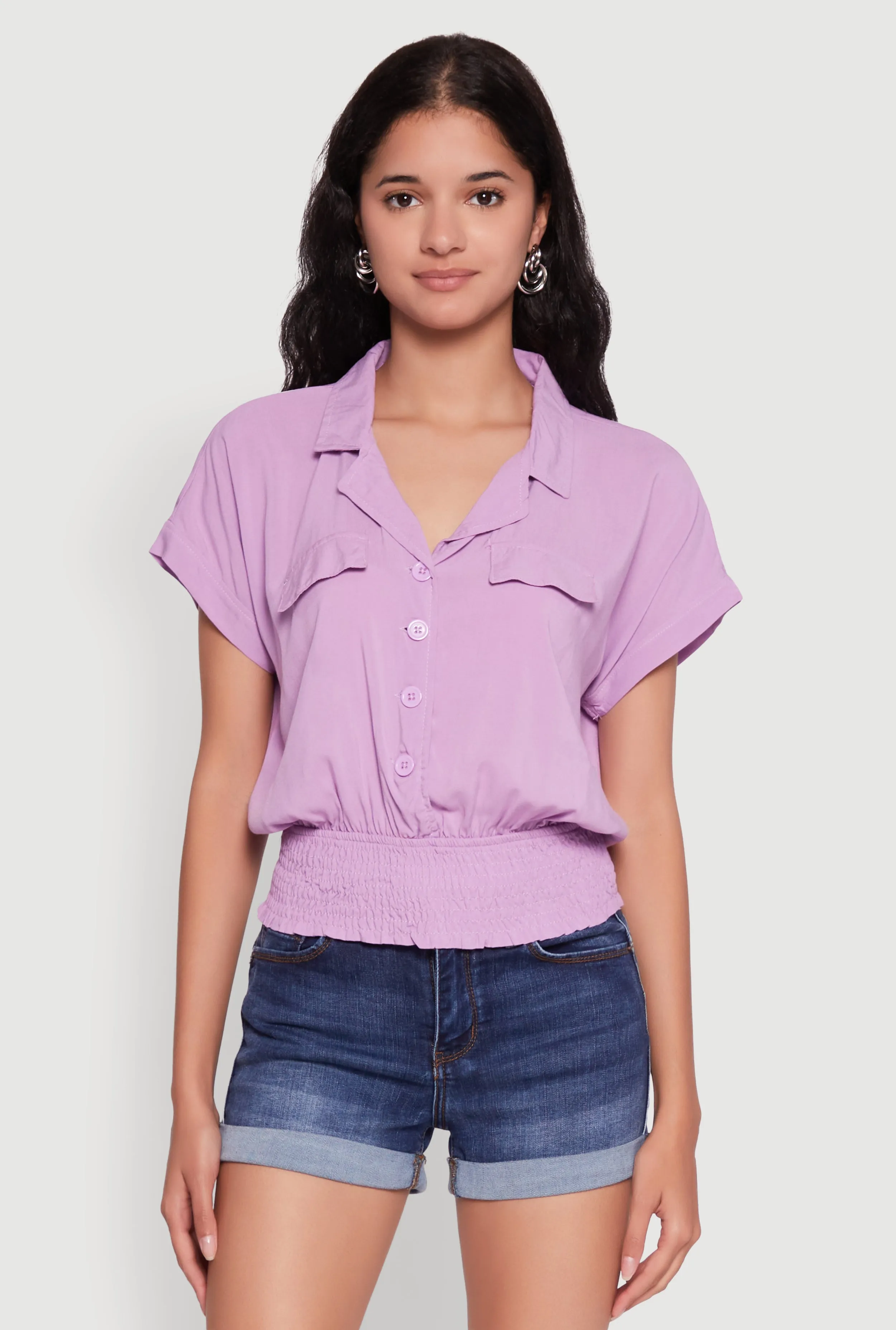 Trendy Button Front Smocked Waist Blouse sold by Rainbow product image thumbnail 2