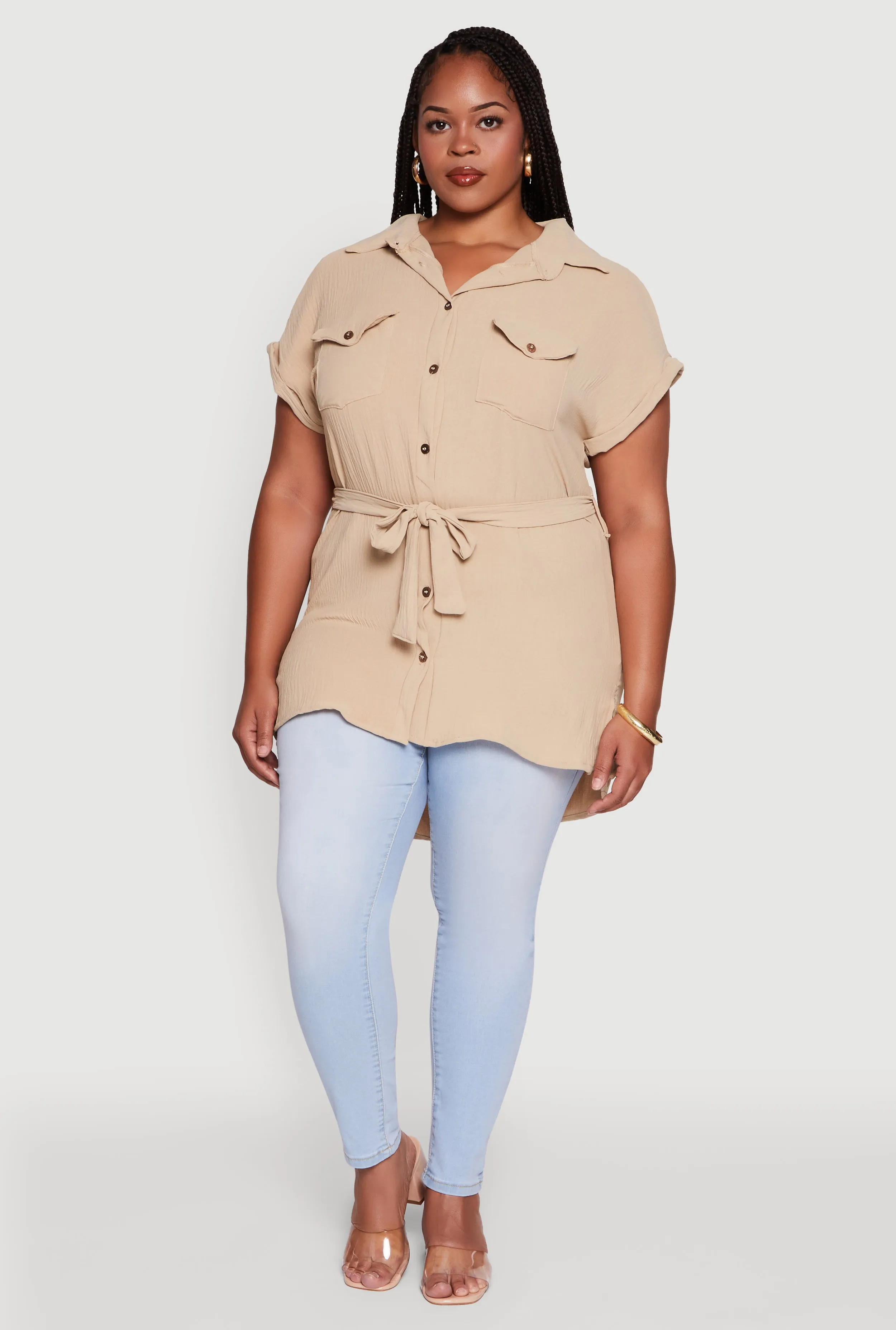 Plus Size Classic Fit Crepe Knit Tie Waist Tunic Shirt sold by Rainbow