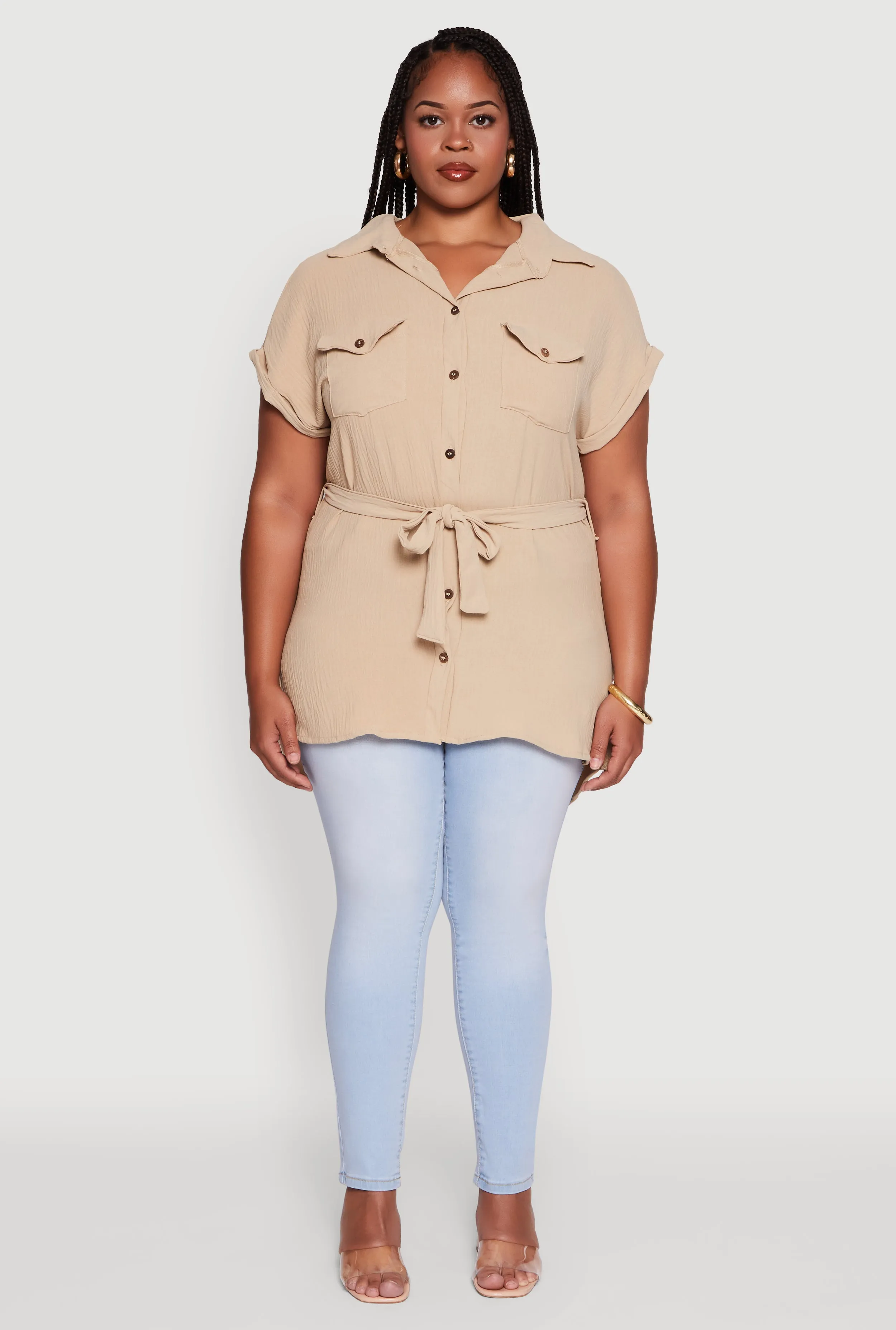 Plus Size Classic Fit Crepe Knit Tie Waist Tunic Shirt sold by Rainbow product image thumbnail 3