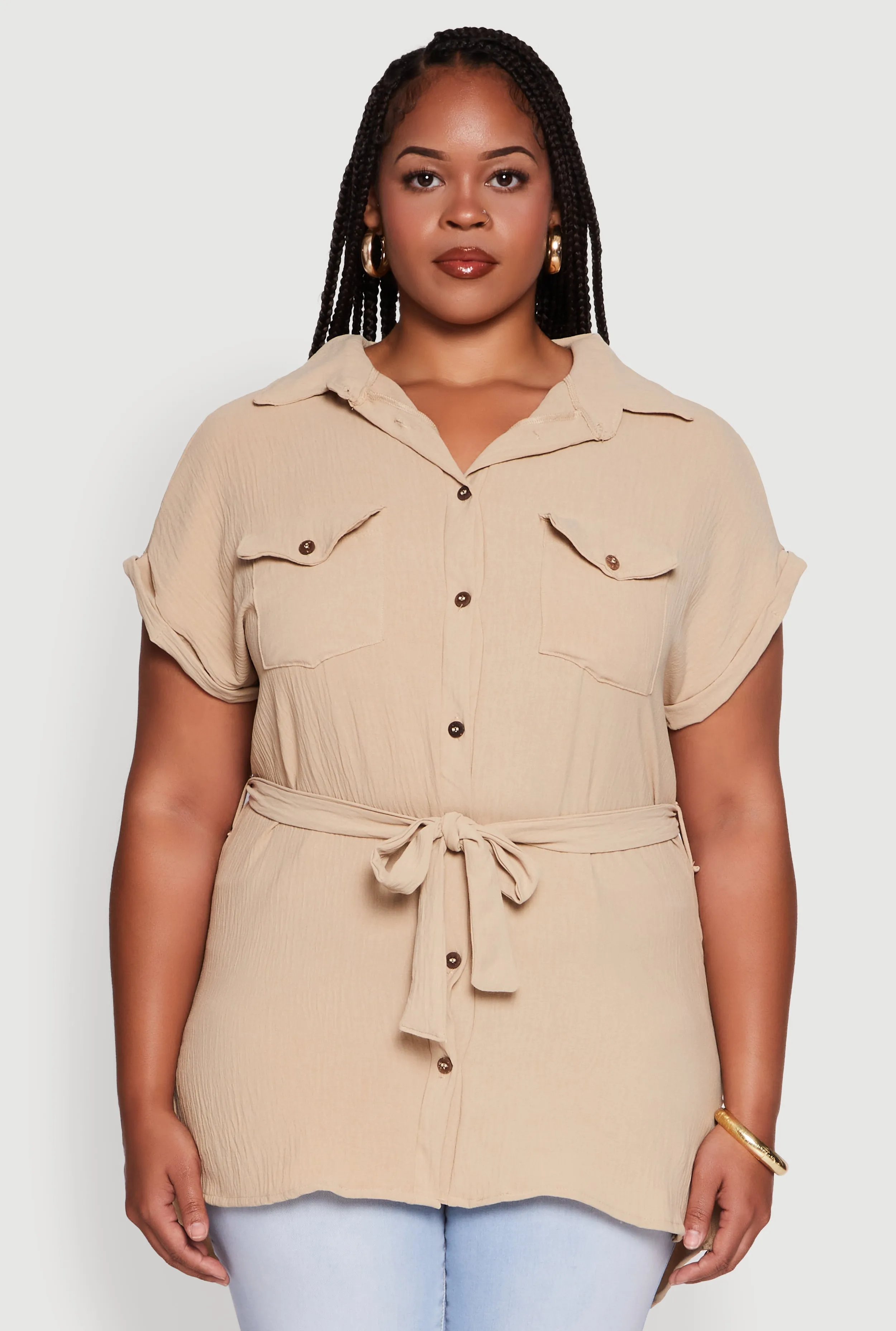 Plus Size Classic Fit Crepe Knit Tie Waist Tunic Shirt sold by Rainbow product image thumbnail 2