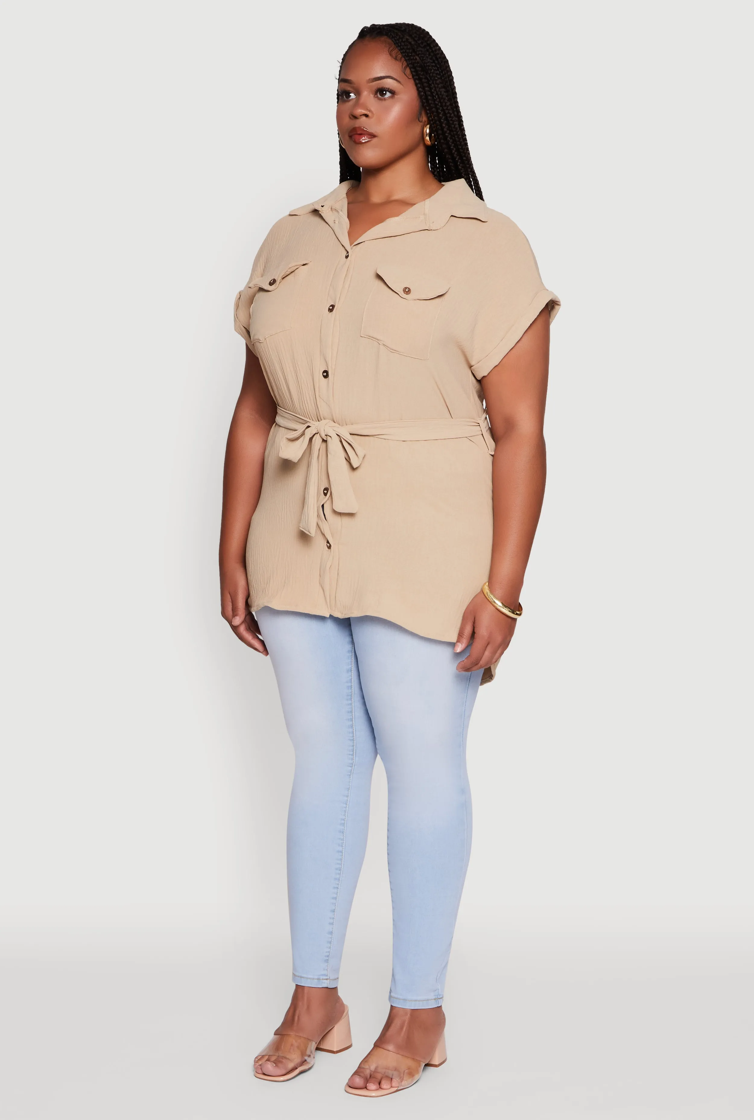 Plus Size Classic Fit Crepe Knit Tie Waist Tunic Shirt sold by Rainbow product image thumbnail 5