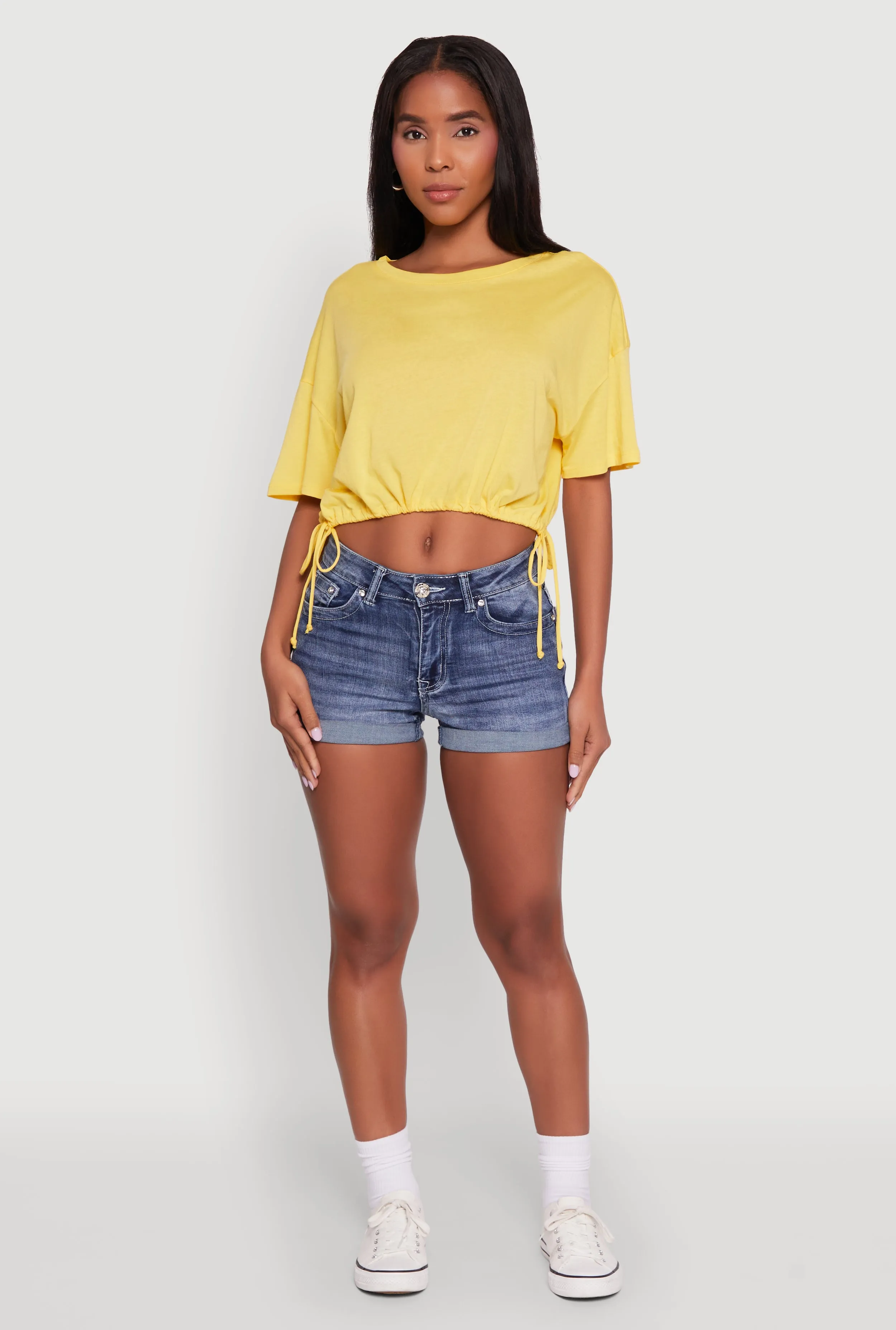 Cropped Drawstring Hem Short Sleeve Crew Neck Top sold by Rainbow