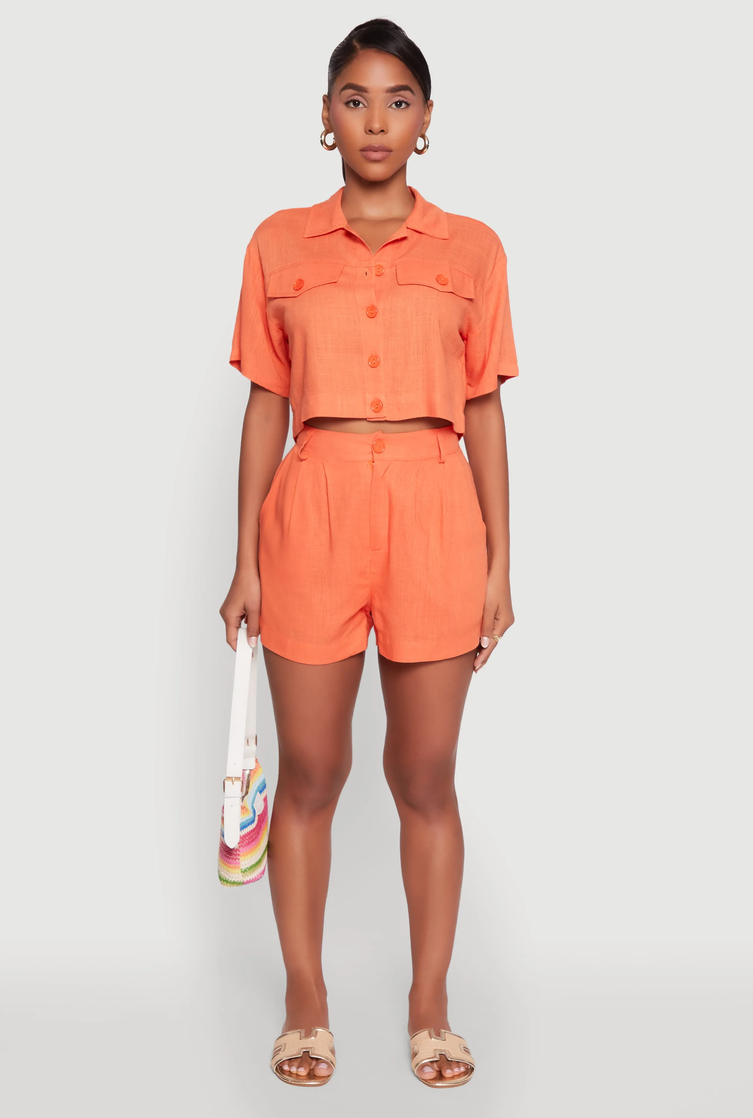 Trendy Linen Flap Detail Button Front Cropped Shirt sold by Rainbow product image thumbnail 3