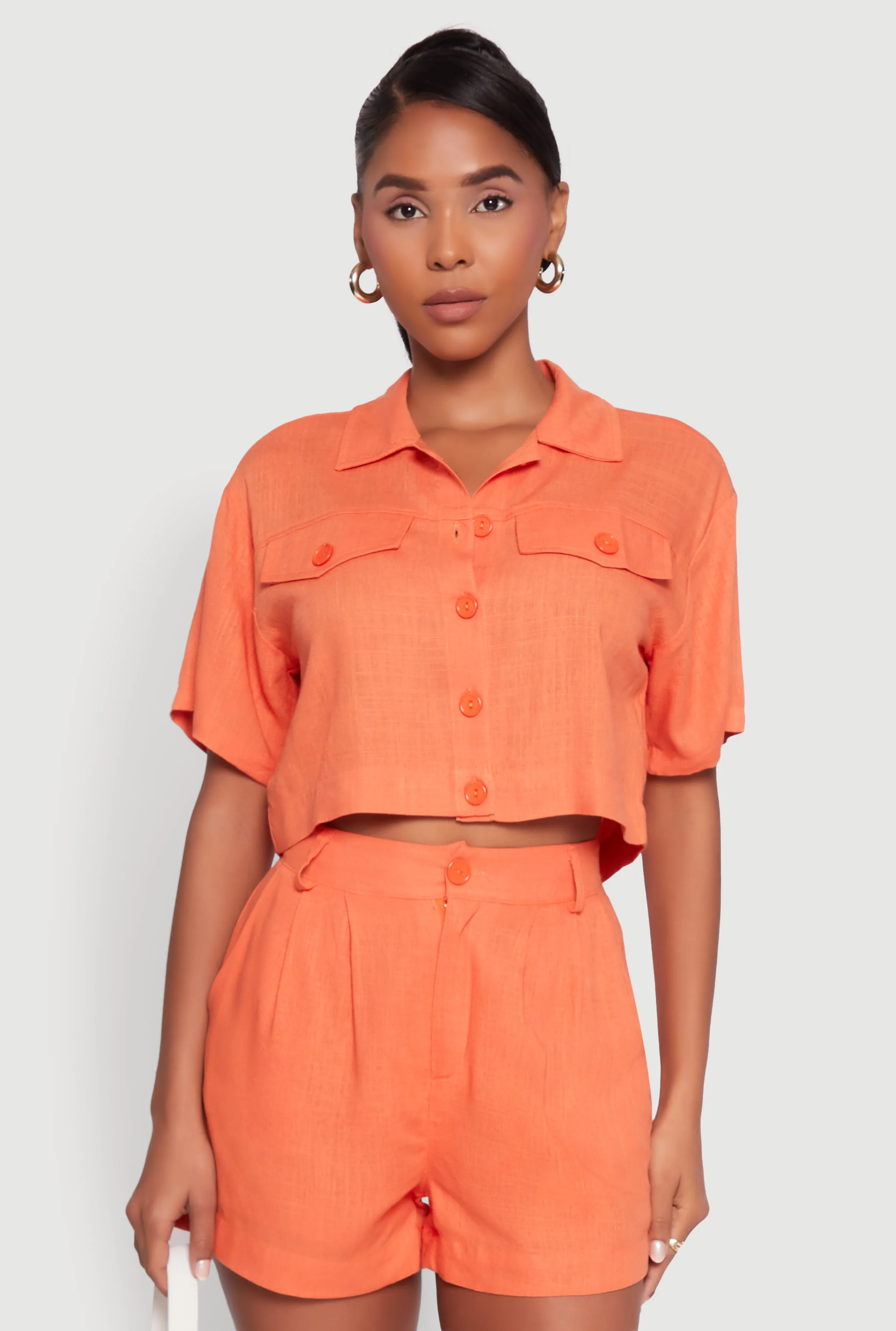 Trendy Linen Flap Detail Button Front Cropped Shirt sold by Rainbow