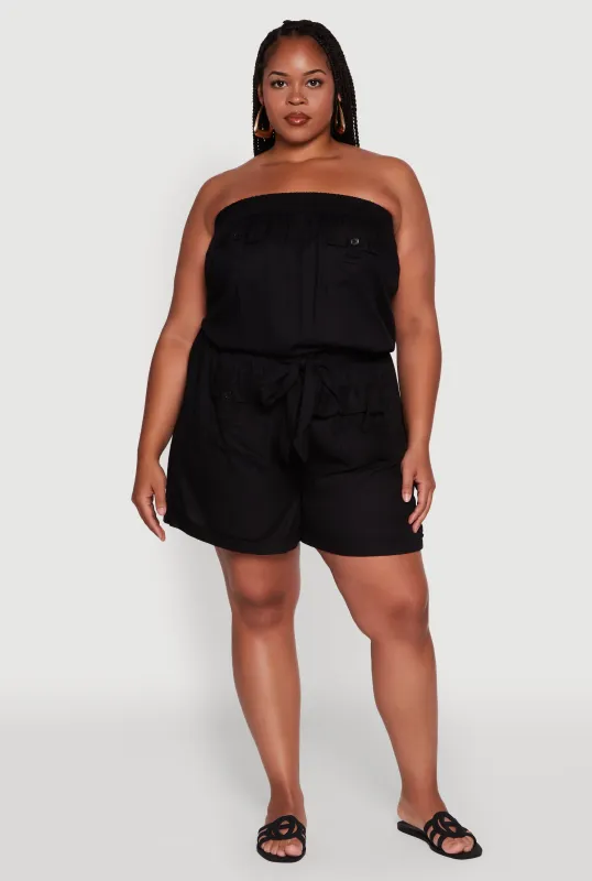 Plus Size Strapless Cargo Pocket Romper sold by Rainbow
