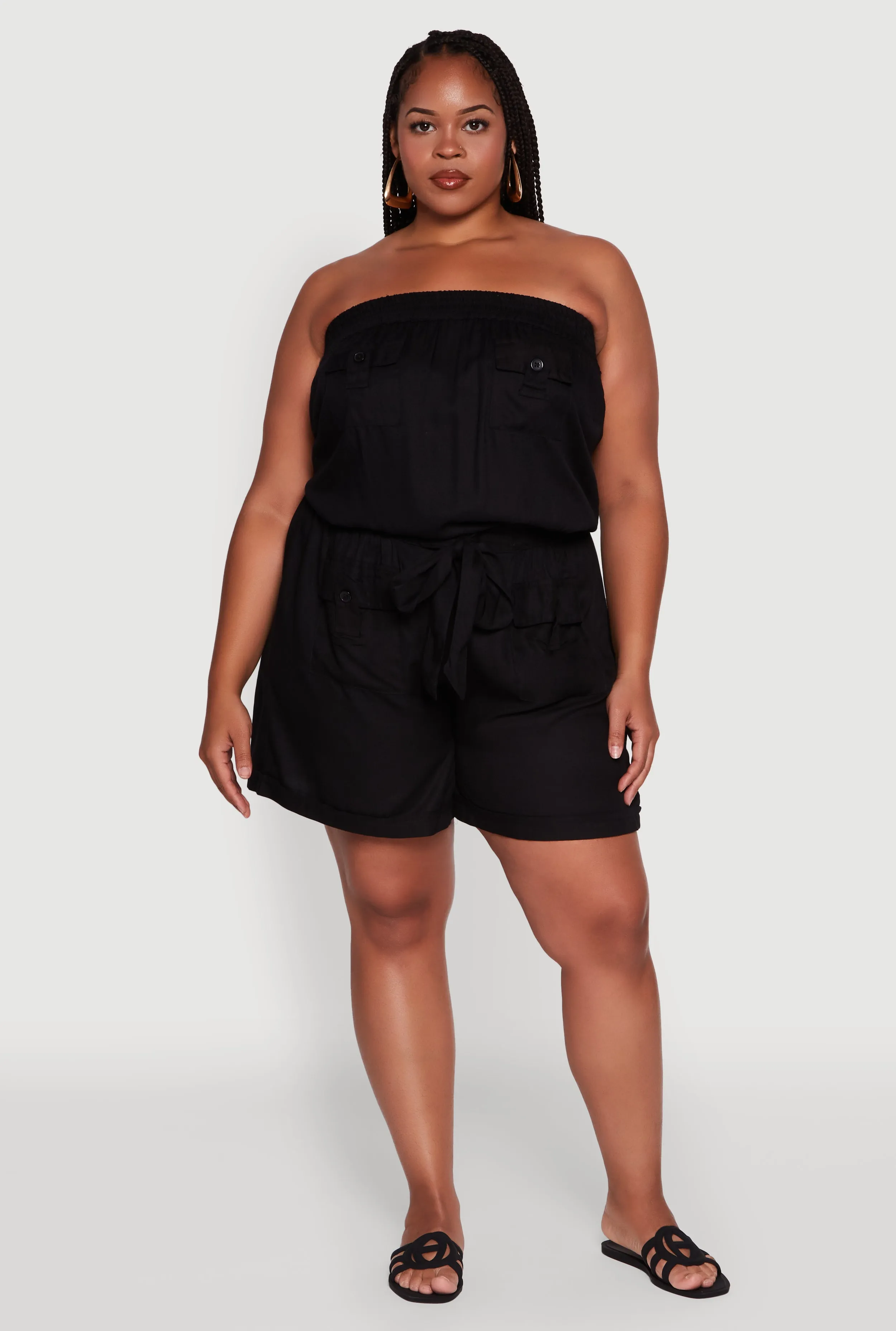 Plus Size Strapless Cargo Pocket Romper sold by Rainbow