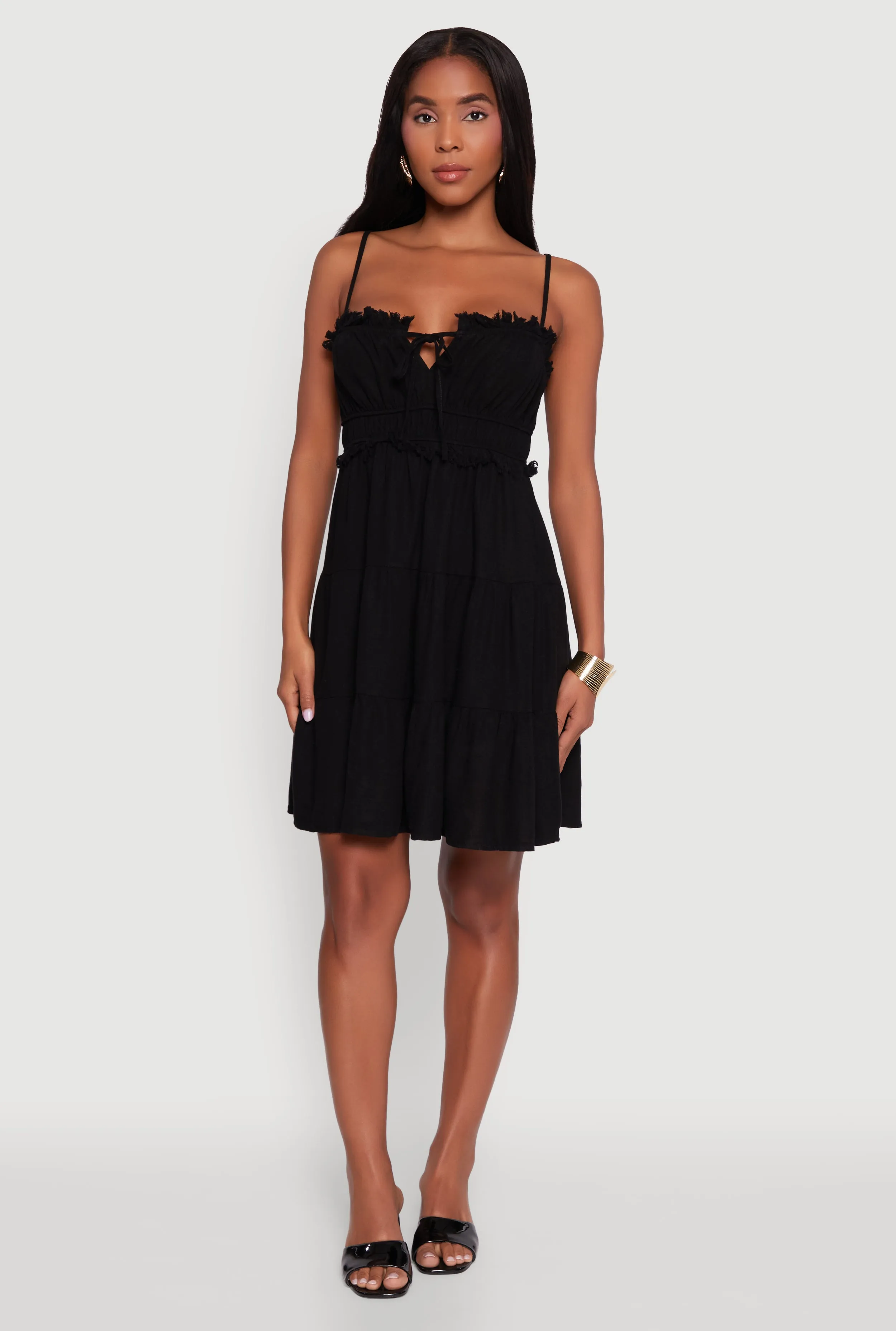 Haute Monde Linen Sleeveless Tiered Dress with Frayed Detail sold by Rainbow