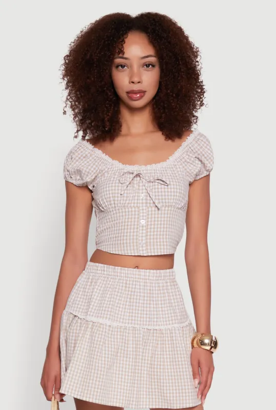 Lace Detail Gingham Puff Sleeve Crop Top sold by Rainbow