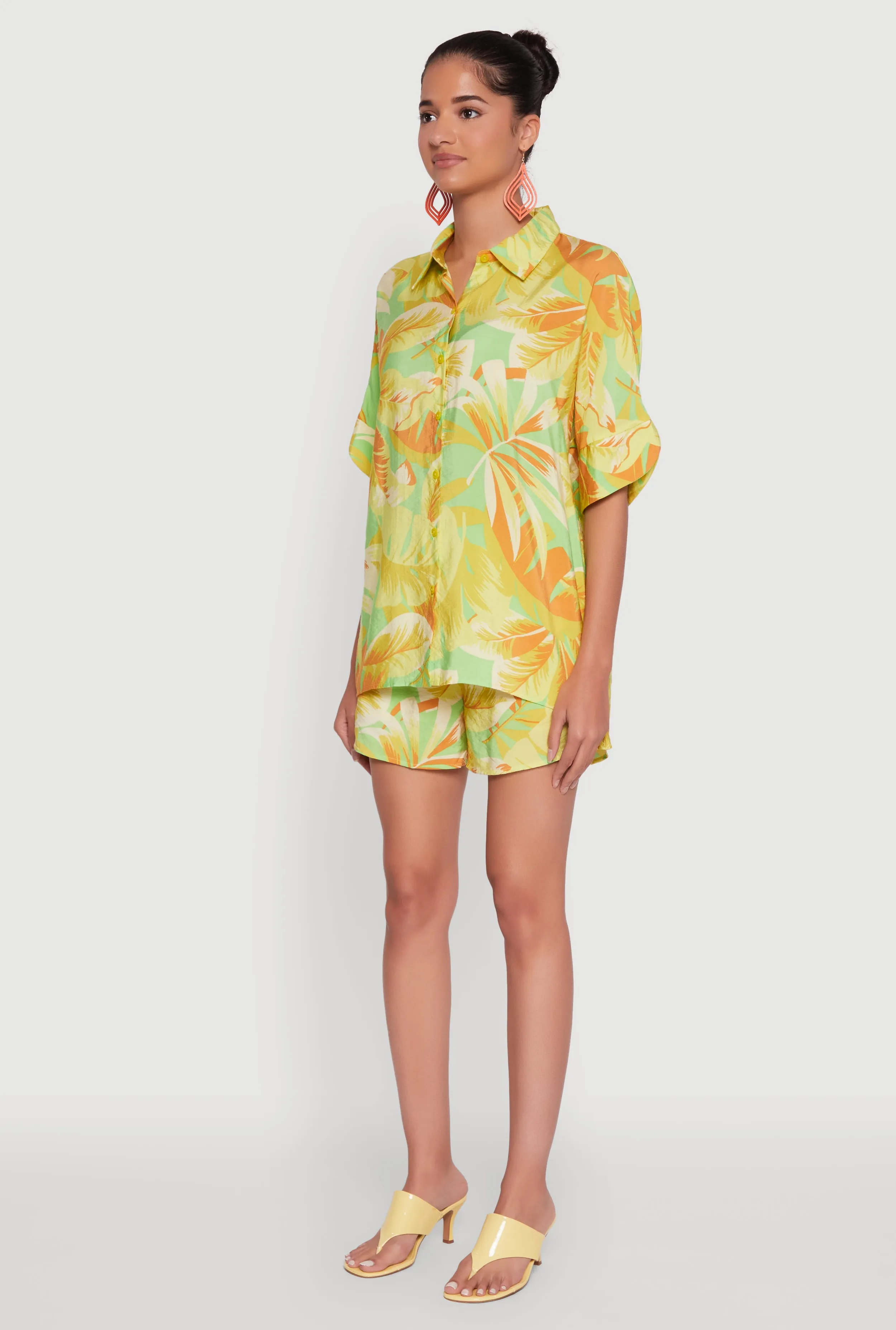 Trendy Leaf Print Crepe Knit Button Front Shirt sold by Rainbow product image thumbnail 5