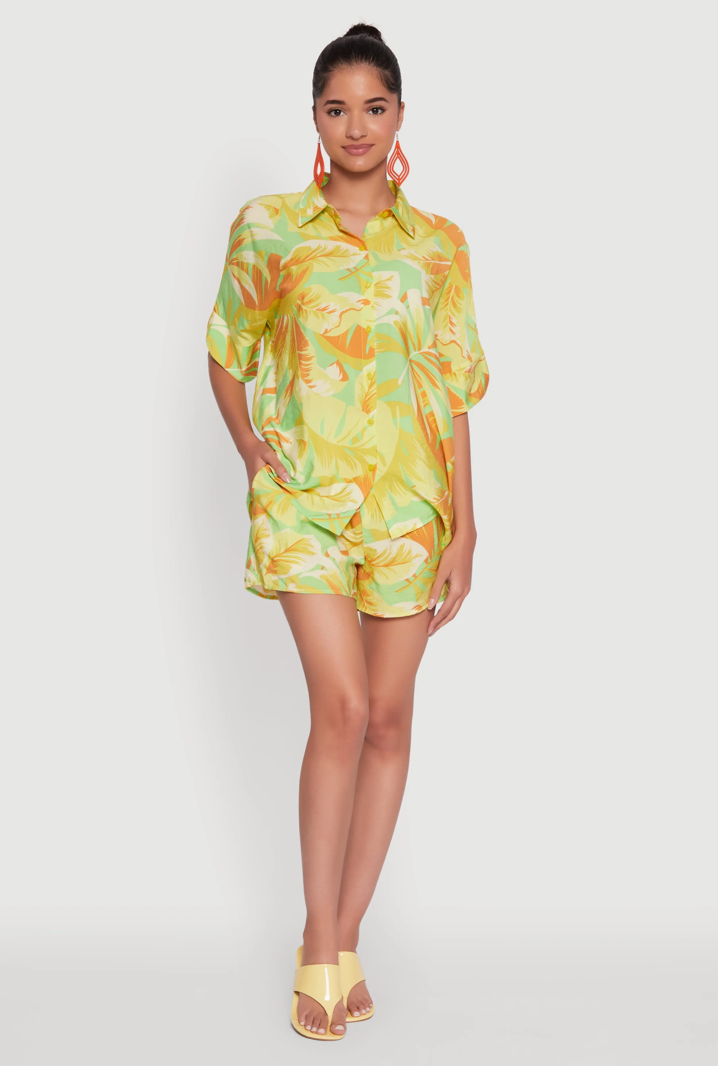 Trendy Leaf Print Crepe Knit Button Front Shirt sold by Rainbow product image thumbnail 2