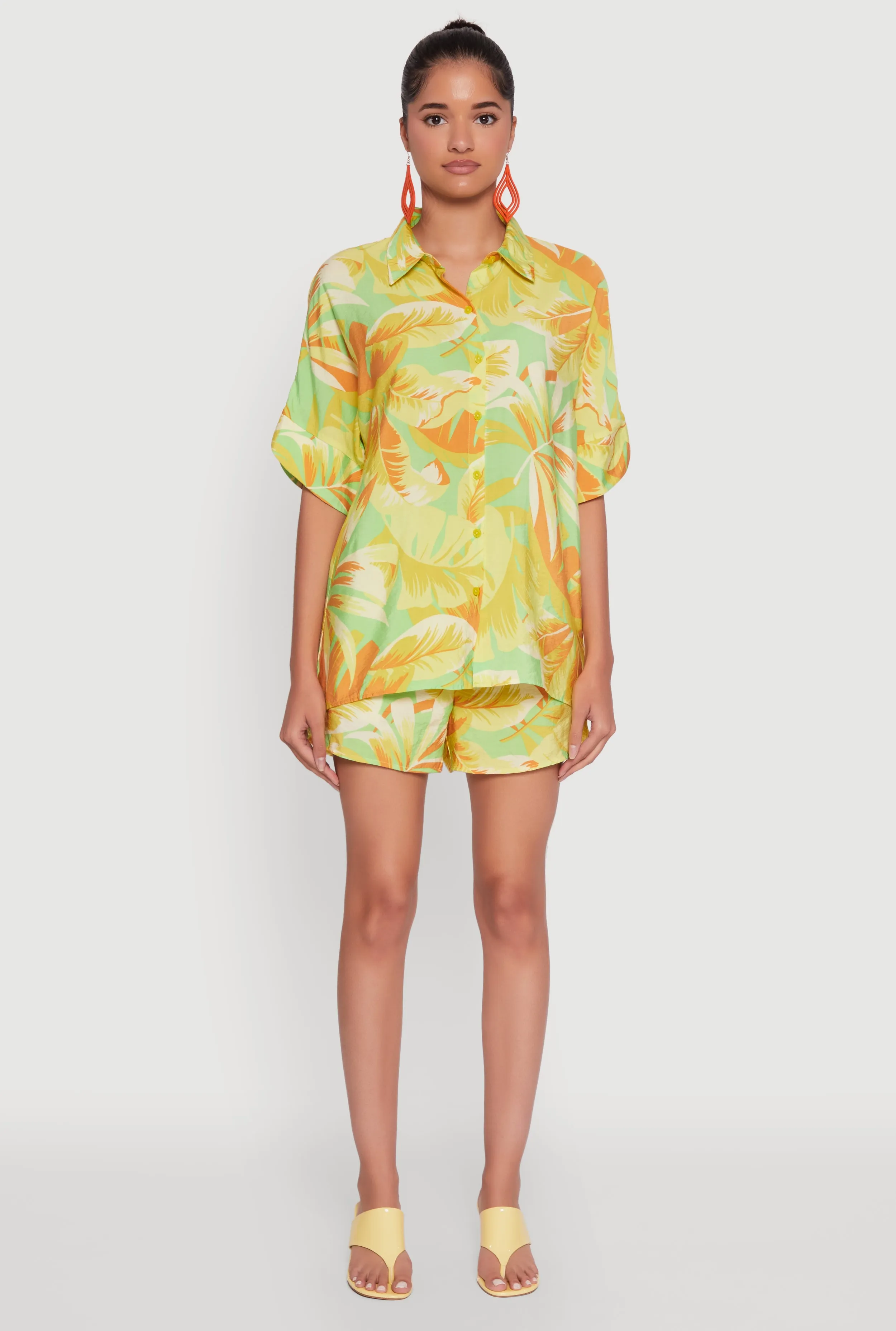 Trendy Leaf Print Crepe Knit Button Front Shirt sold by Rainbow product image thumbnail 3