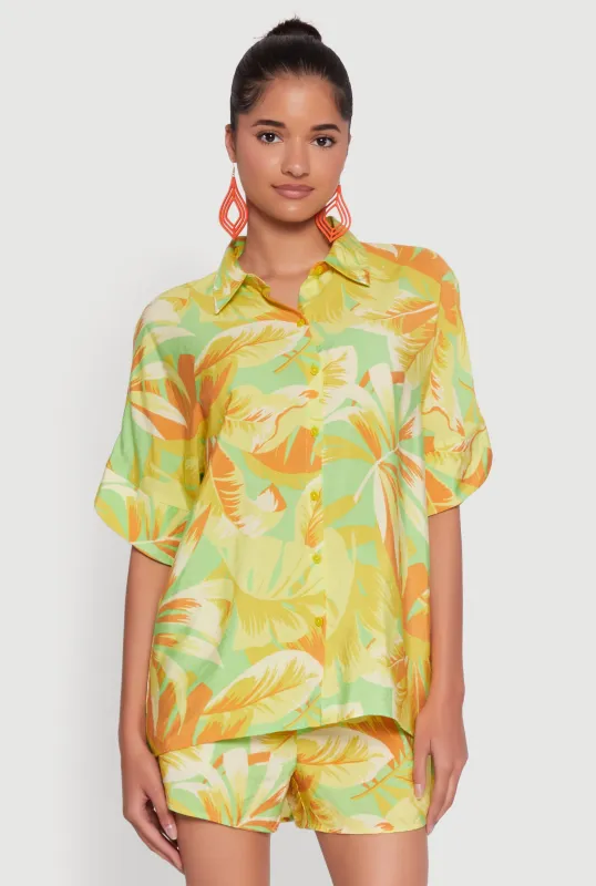 Trendy Leaf Print Crepe Knit Button Front Shirt sold by Rainbow