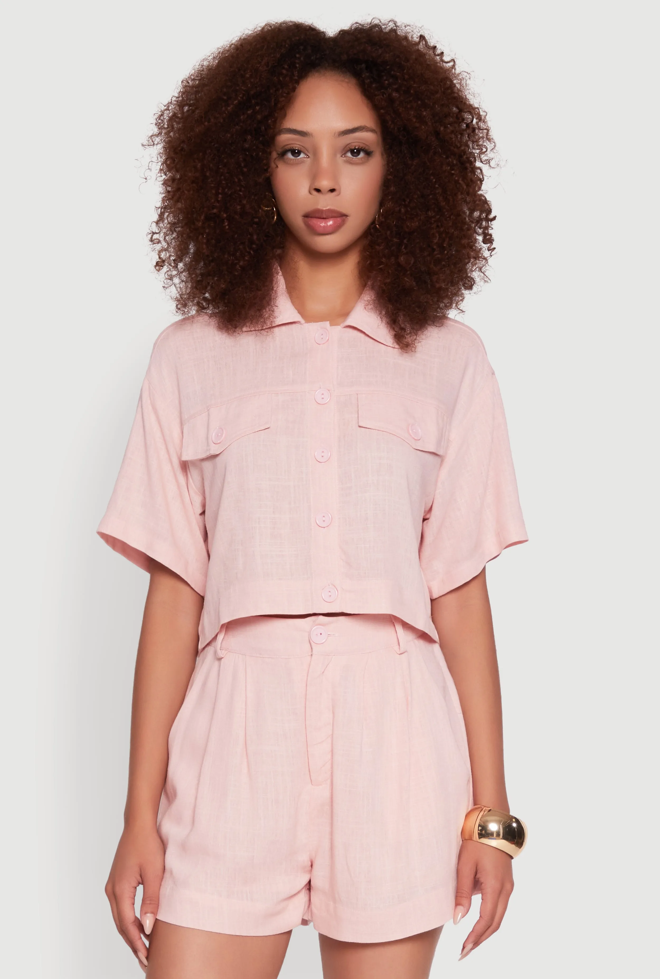 Trendy Linen Flap Detail Button Front Cropped Shirt sold by Rainbow