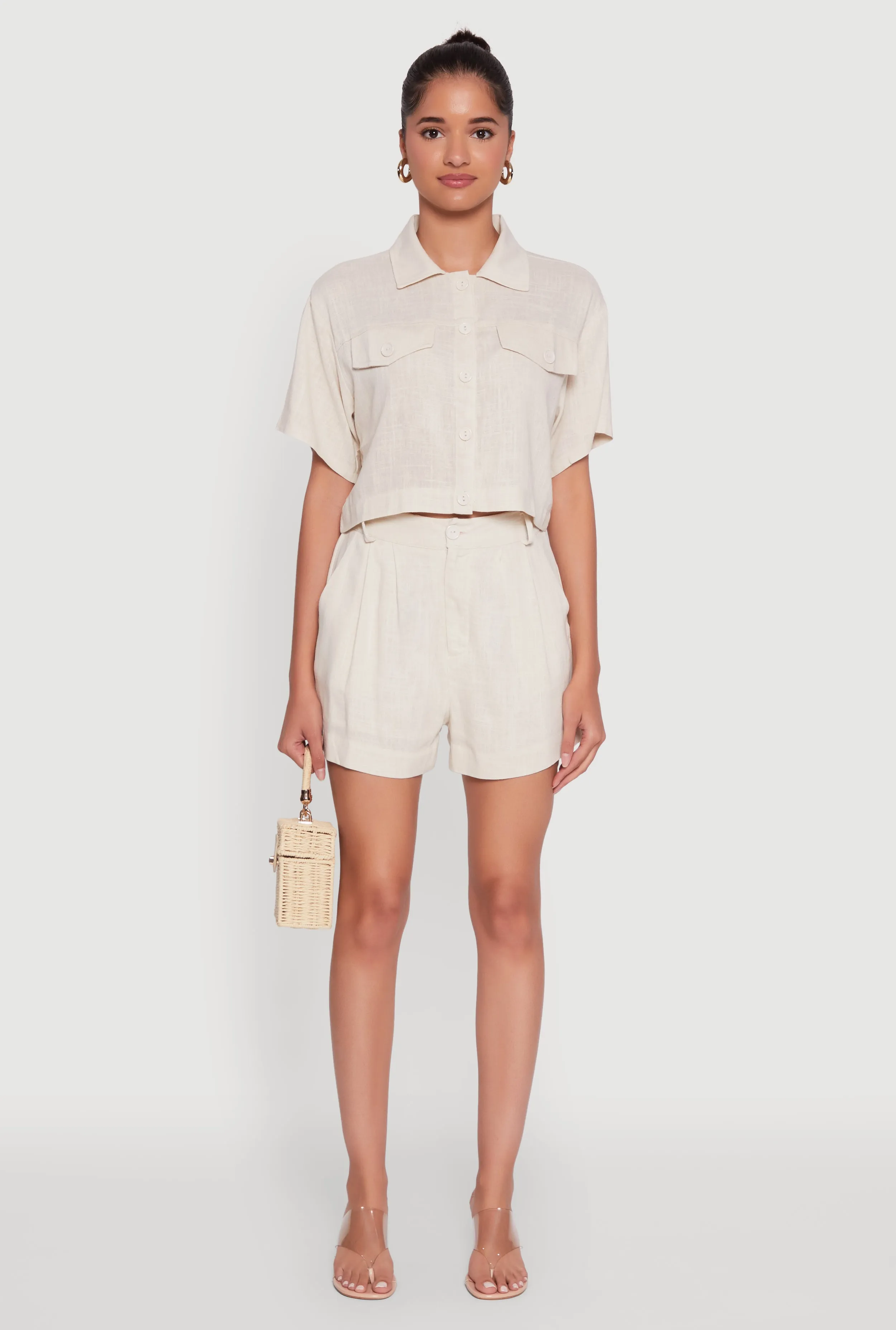 Trendy Linen Flap Detail Button Front Cropped Shirt sold by Rainbow product image thumbnail 3