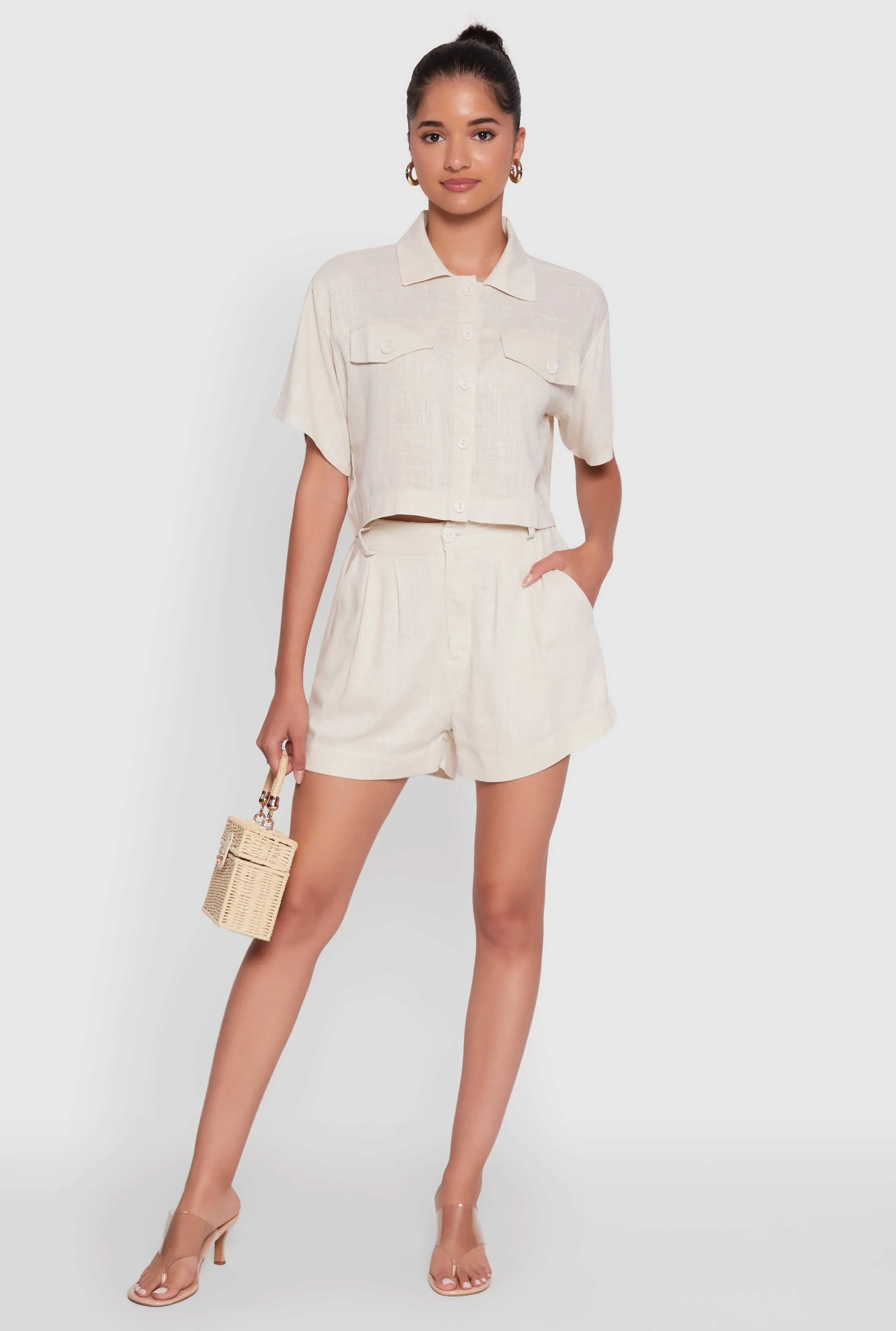 Trendy Linen Flap Detail Button Front Cropped Shirt sold by Rainbow product image thumbnail 2