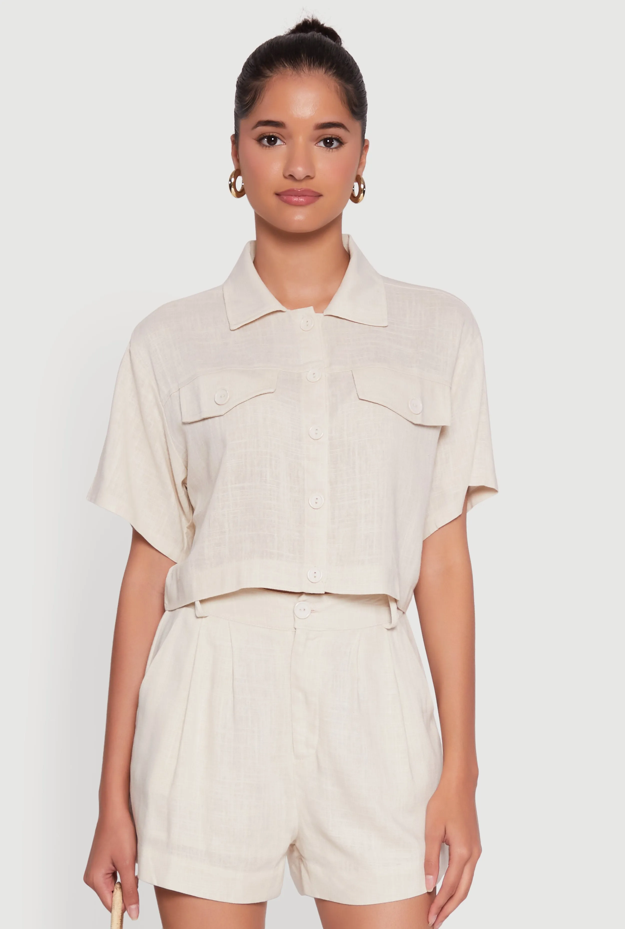 Trendy Linen Flap Detail Button Front Cropped Shirt sold by Rainbow
