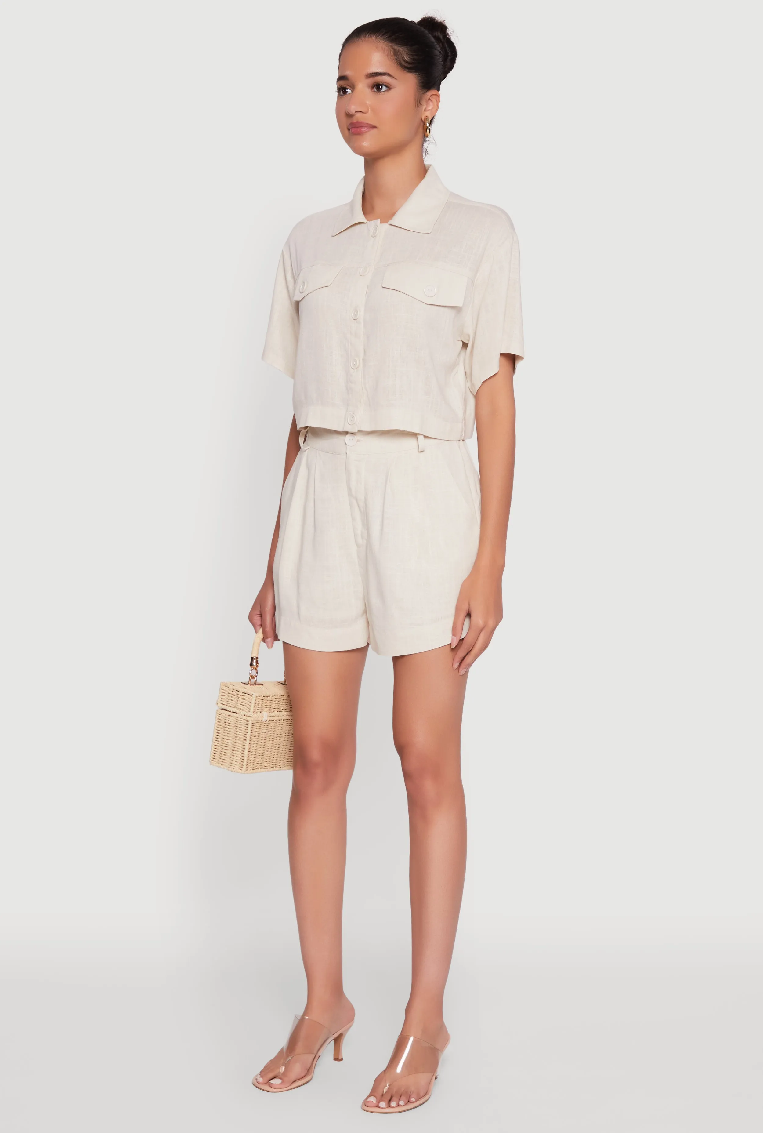 Trendy Linen Flap Detail Button Front Cropped Shirt sold by Rainbow product image thumbnail 5